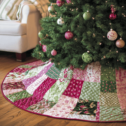 Classic Pink Green Patchwork Quilted Tree Skirt Stylish Holiday Decor Gift Merch