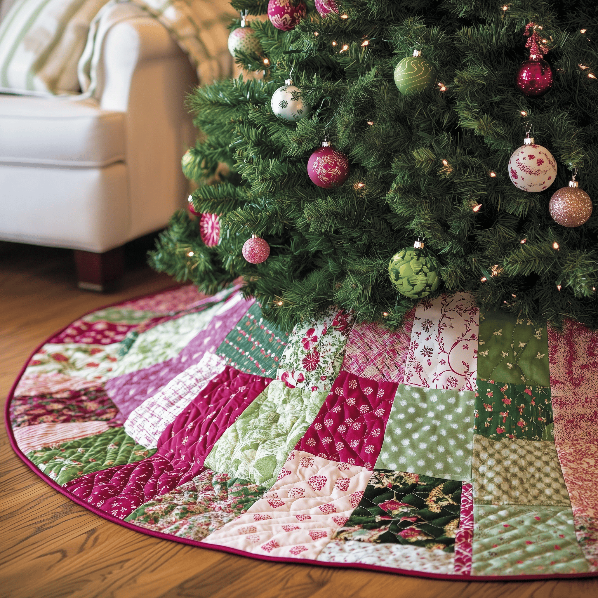 Classic Pink Green Patchwork Quilted Tree Skirt Stylish Holiday Decor Gift Merch