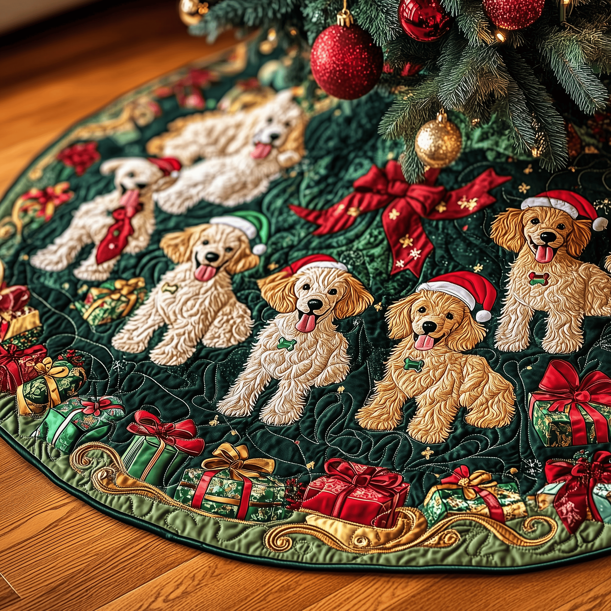 Christmas Poodle Cheer Quilted Tree Skirt Perfect Gift Merch For Her