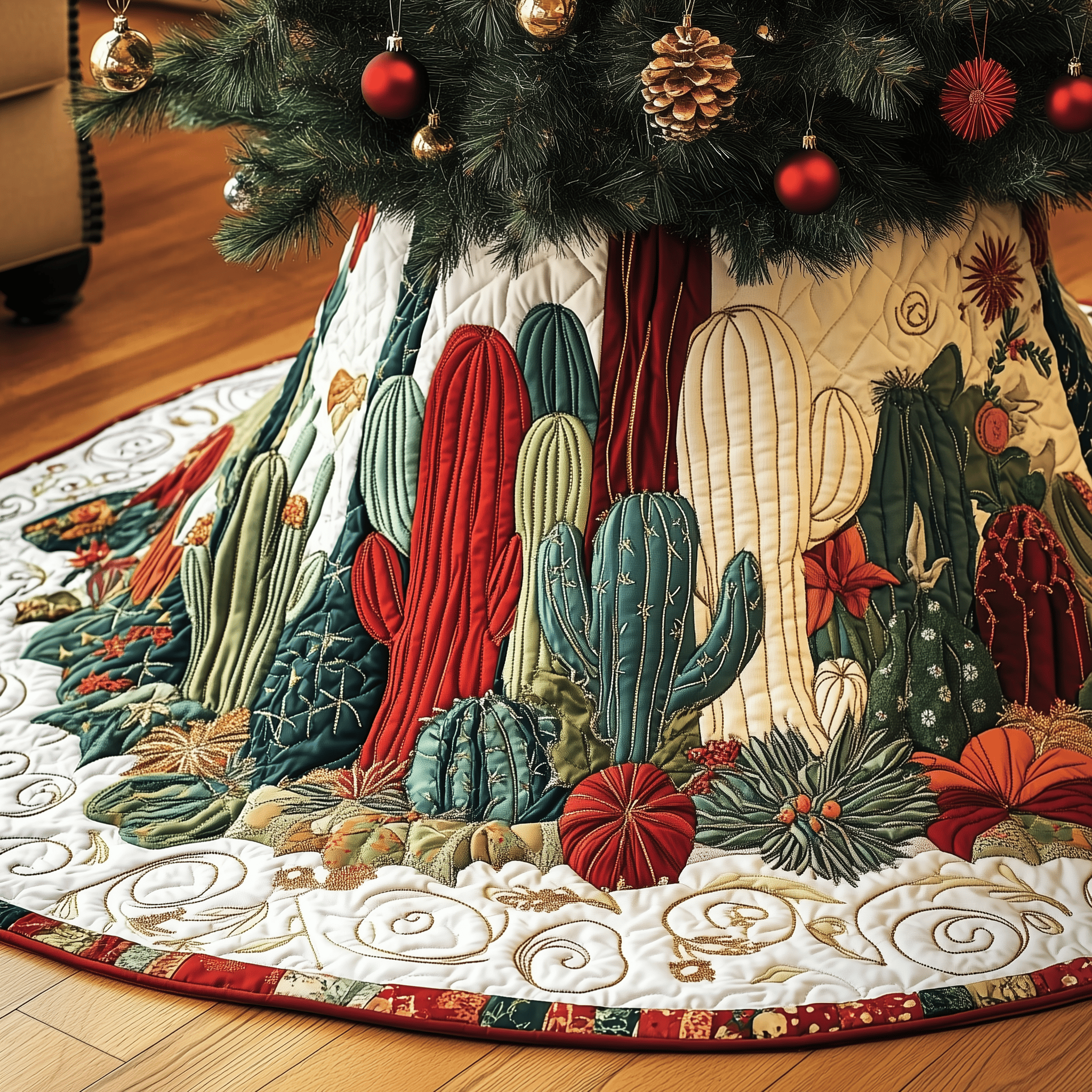 Christmas Southwest Cactus Quilted Tree Skirt Charming Thanksgiving Gift Merch