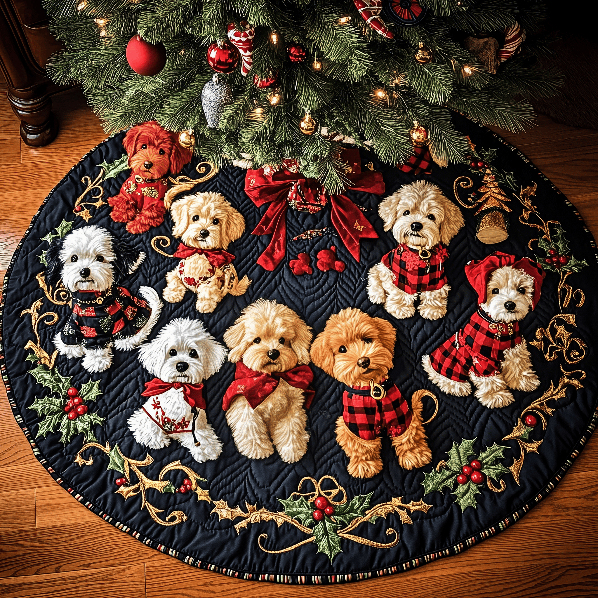 Christmas Poodle Cheer Quilted Tree Skirt Best Gift Merch For Him