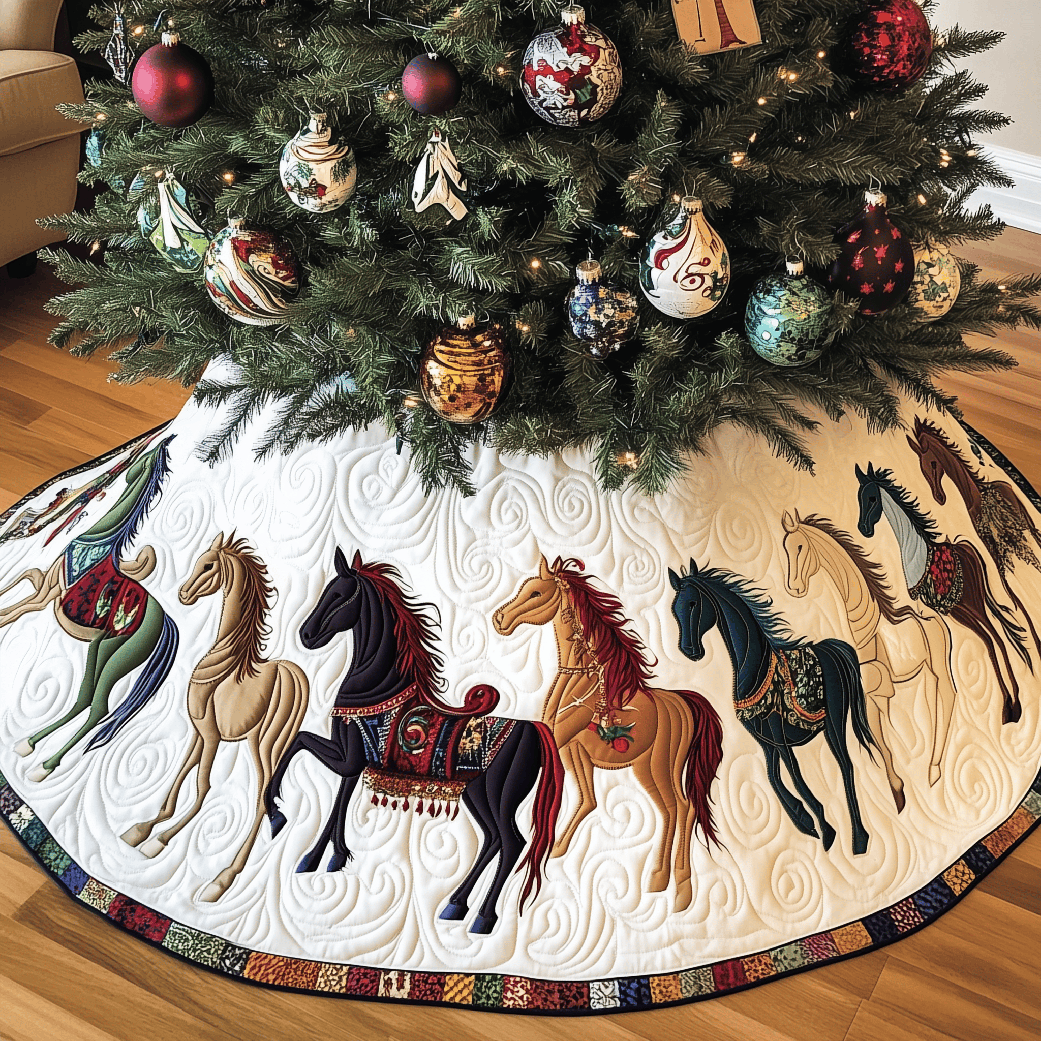 Farmhouse Horse Quilted Tree Skirt Elegant Christmas Tree Decor Merch