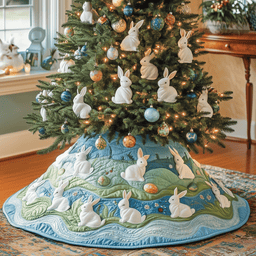 Christmas Rabbit Quilted Tree Skirt Heartwarming Family Gathering Merch