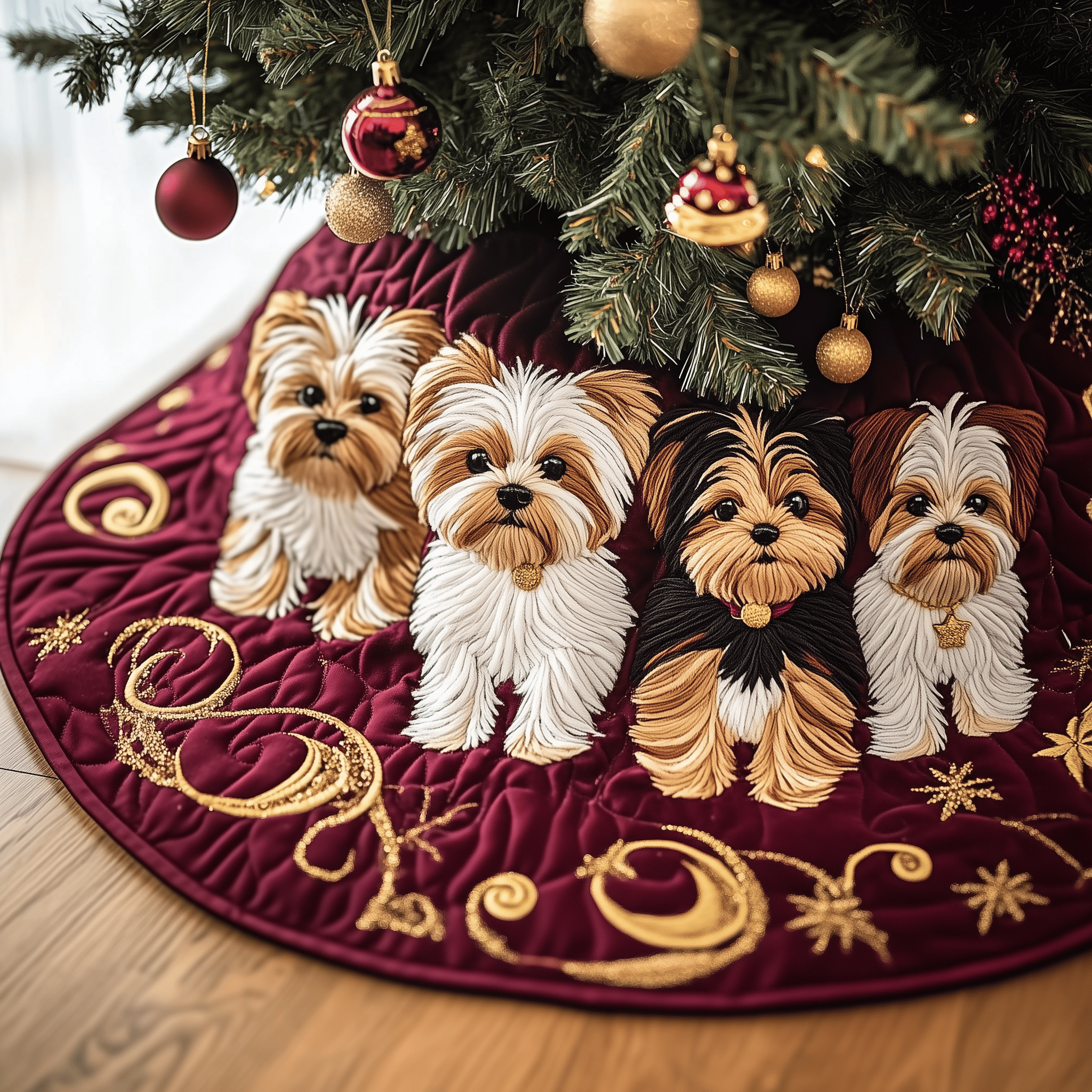 Christmas Yorkshire Terrier Quilted Tree Skirt Charming Thanksgiving Gift Merch