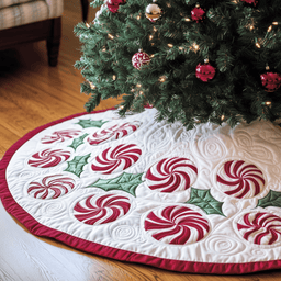 Classic Peppermint Candy Quilted Tree Skirt Magical Christmas Spirit Merch