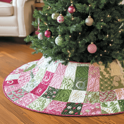 Classic Pink Green Patchwork Quilted Tree Skirt Heartwarming Family Gathering Merch