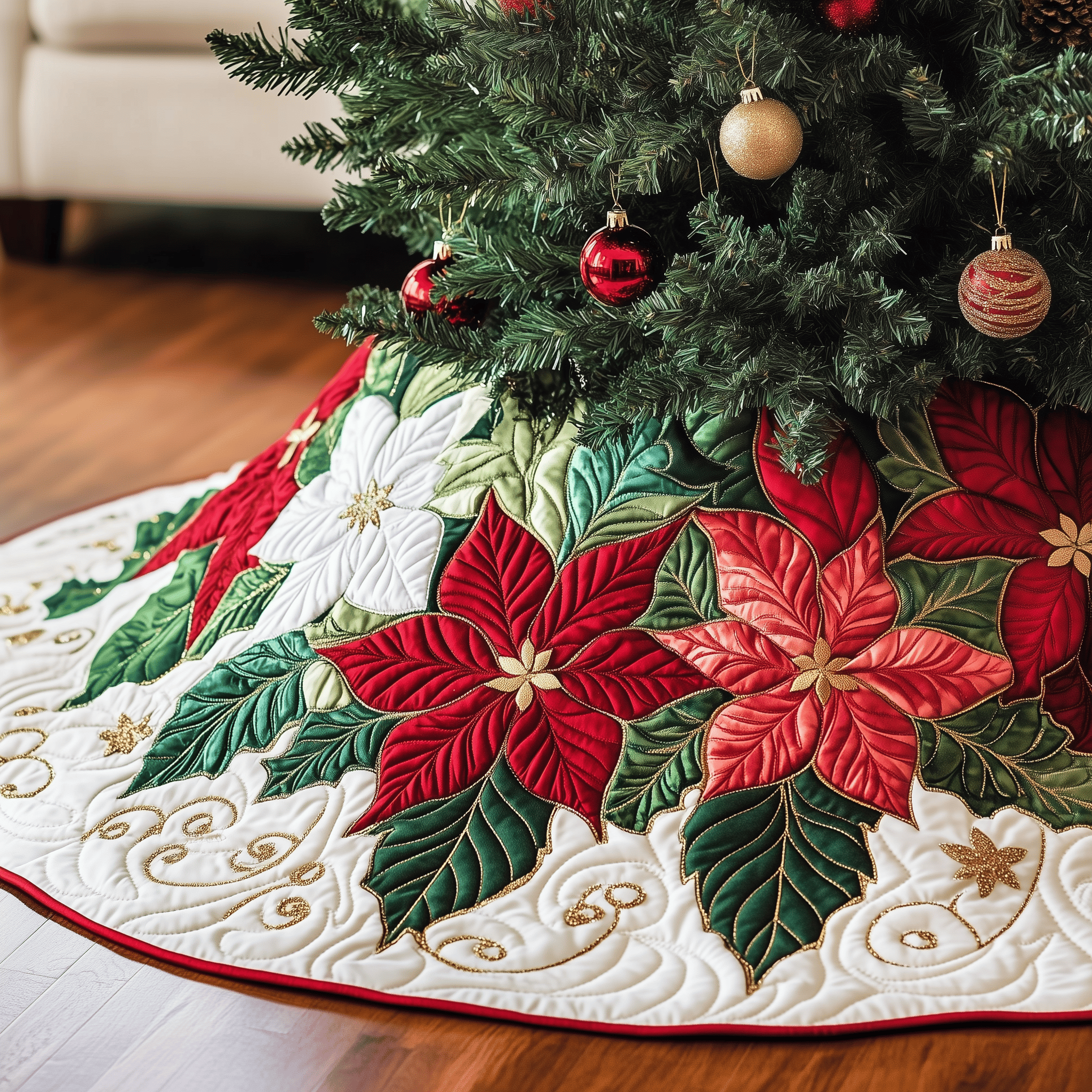 Christmas Poinsettias Quilted Tree Skirt Thoughtful Valentine�s Day Gift Merch