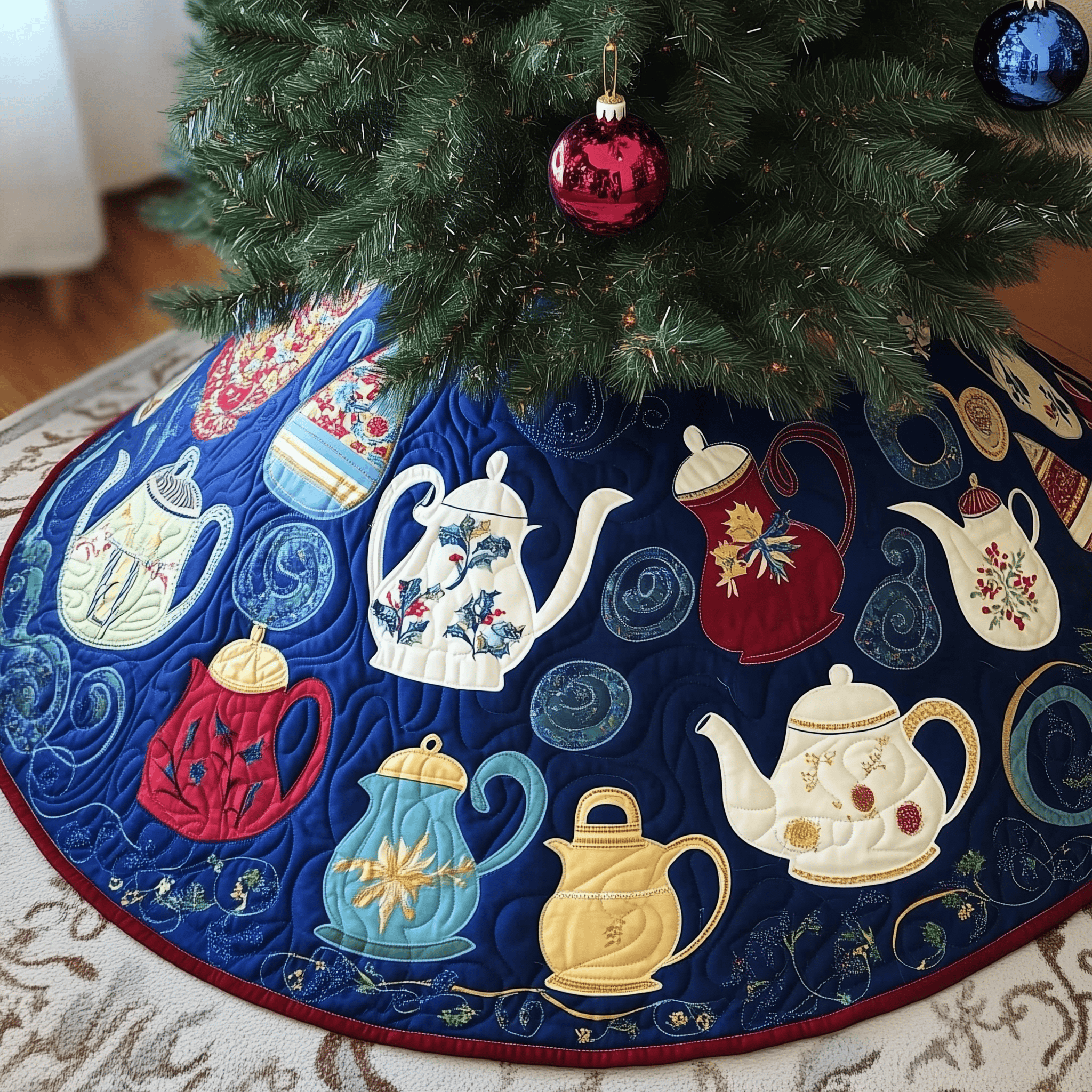 Christmas Teapot Quilted Tree Skirt Festive Living Room Merch