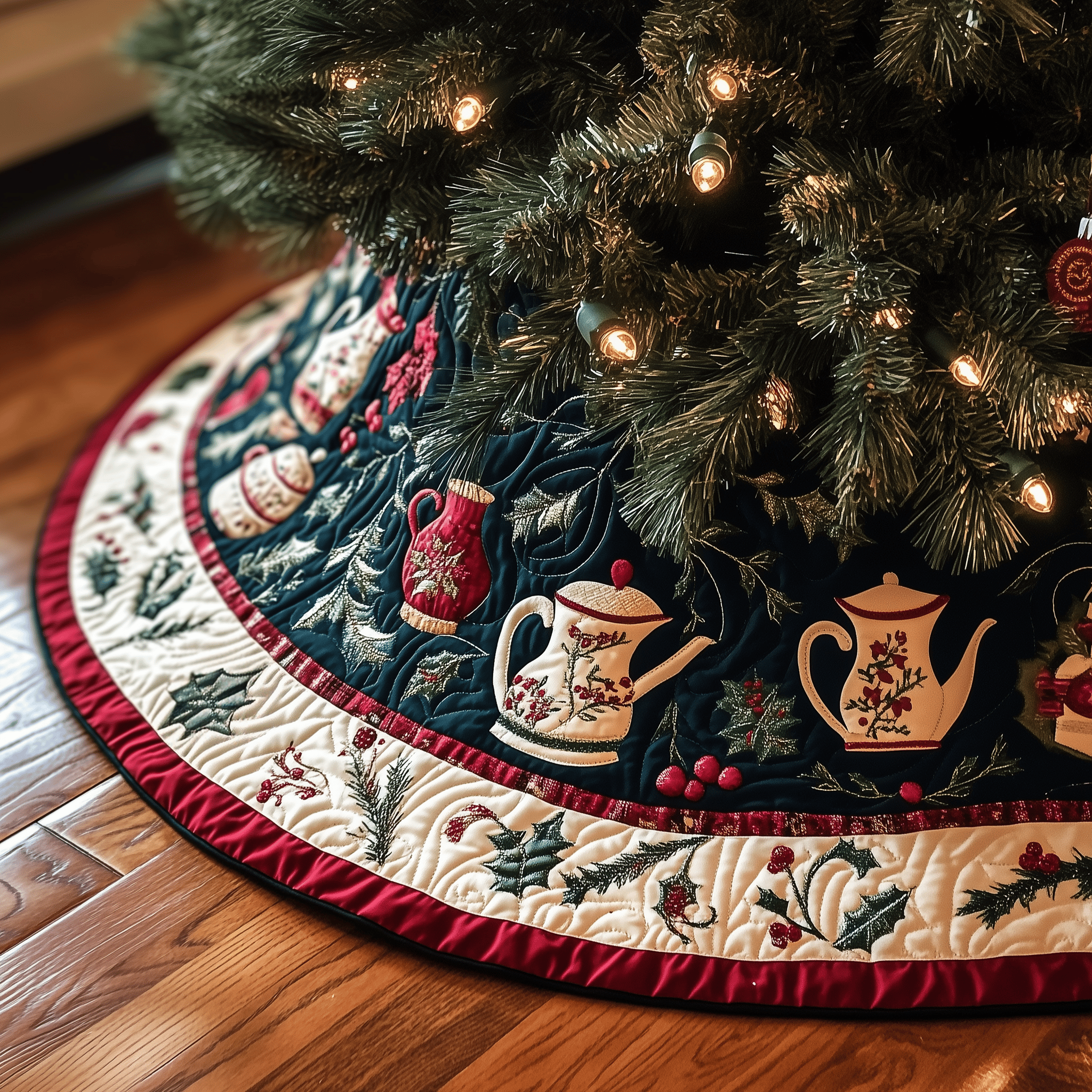 Christmas Teapot Quilted Tree Skirt Joyful Home Merch Collection