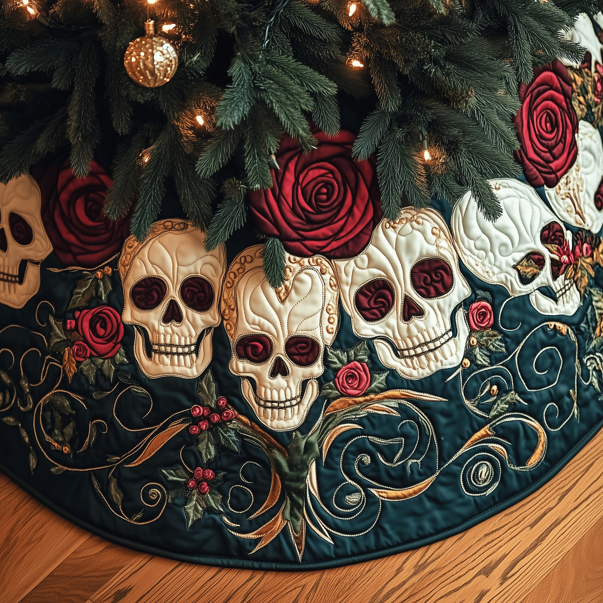 Christmas Red Rose Skull Quilted Tree Skirt Charming Thanksgiving Gift Merch