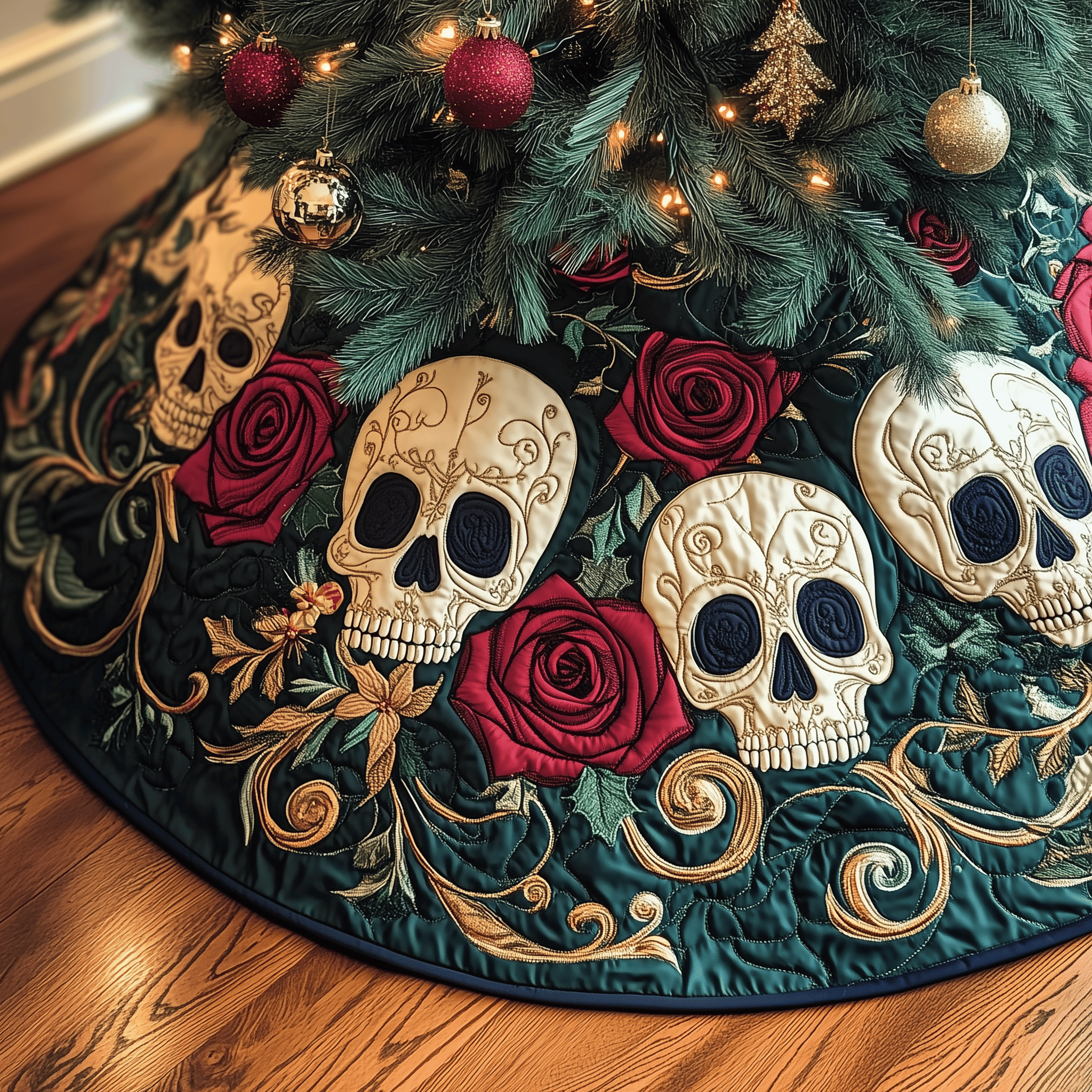 Christmas Red Rose Skull Quilted Tree Skirt Special Birthday Gift Merch