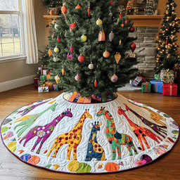Colorful Giraffes Christmas Quilted Tree Skirt Lovely Gift Merch For Couples
