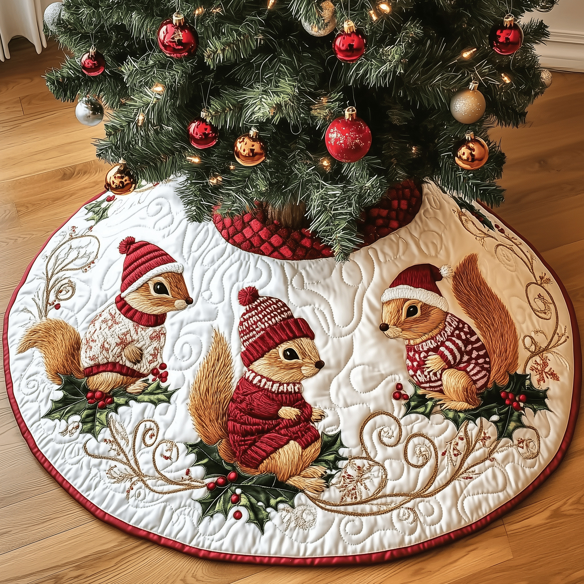 Christmas Squirrel Quilted Tree Skirt Cozy Home Decor Gift Merch
