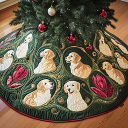 Christmas Tulip Golden Retriever Quilted Tree Skirt Cozy Home Decor Gift Merch