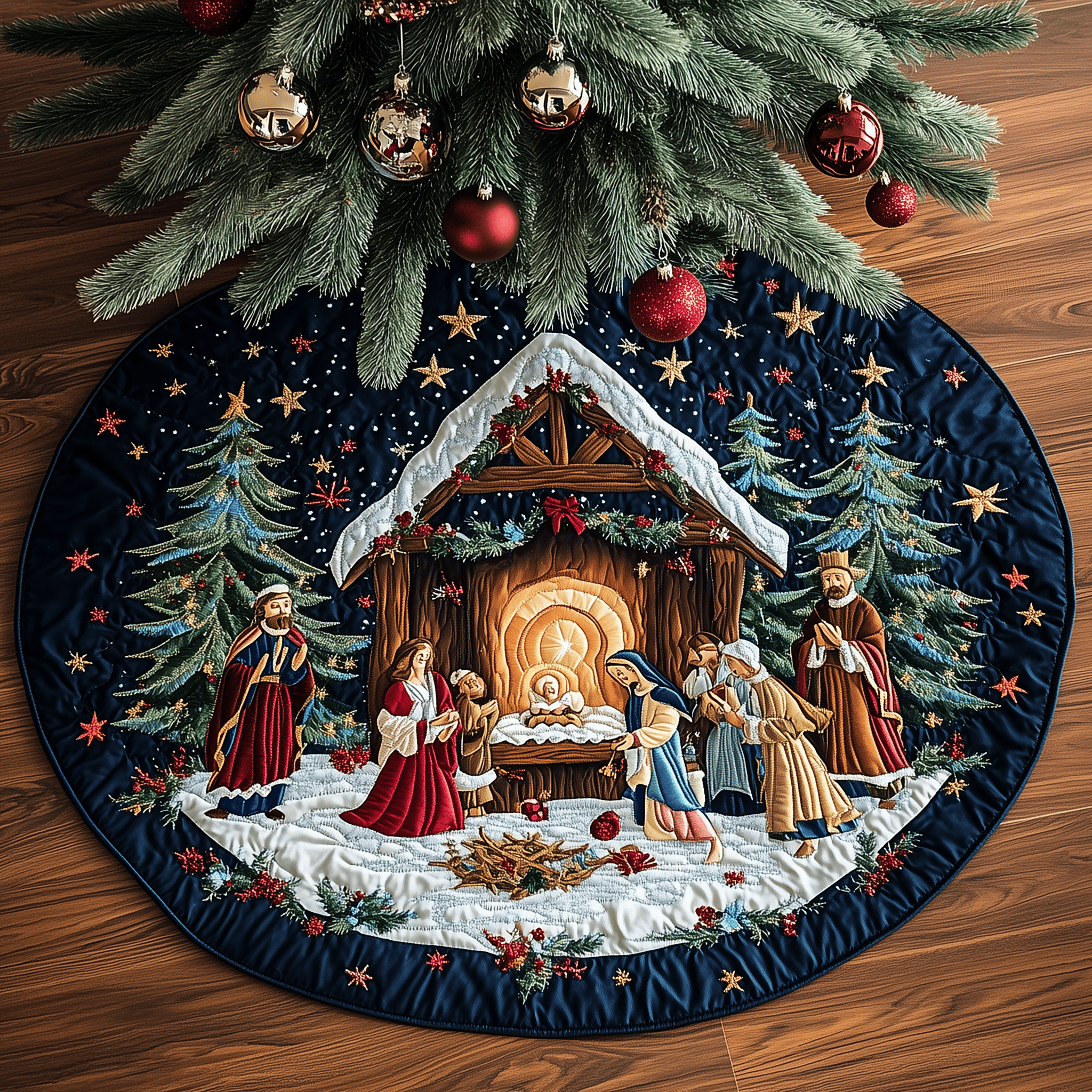 Faith God Quilted Tree Skirt Warm Winter Home Merch