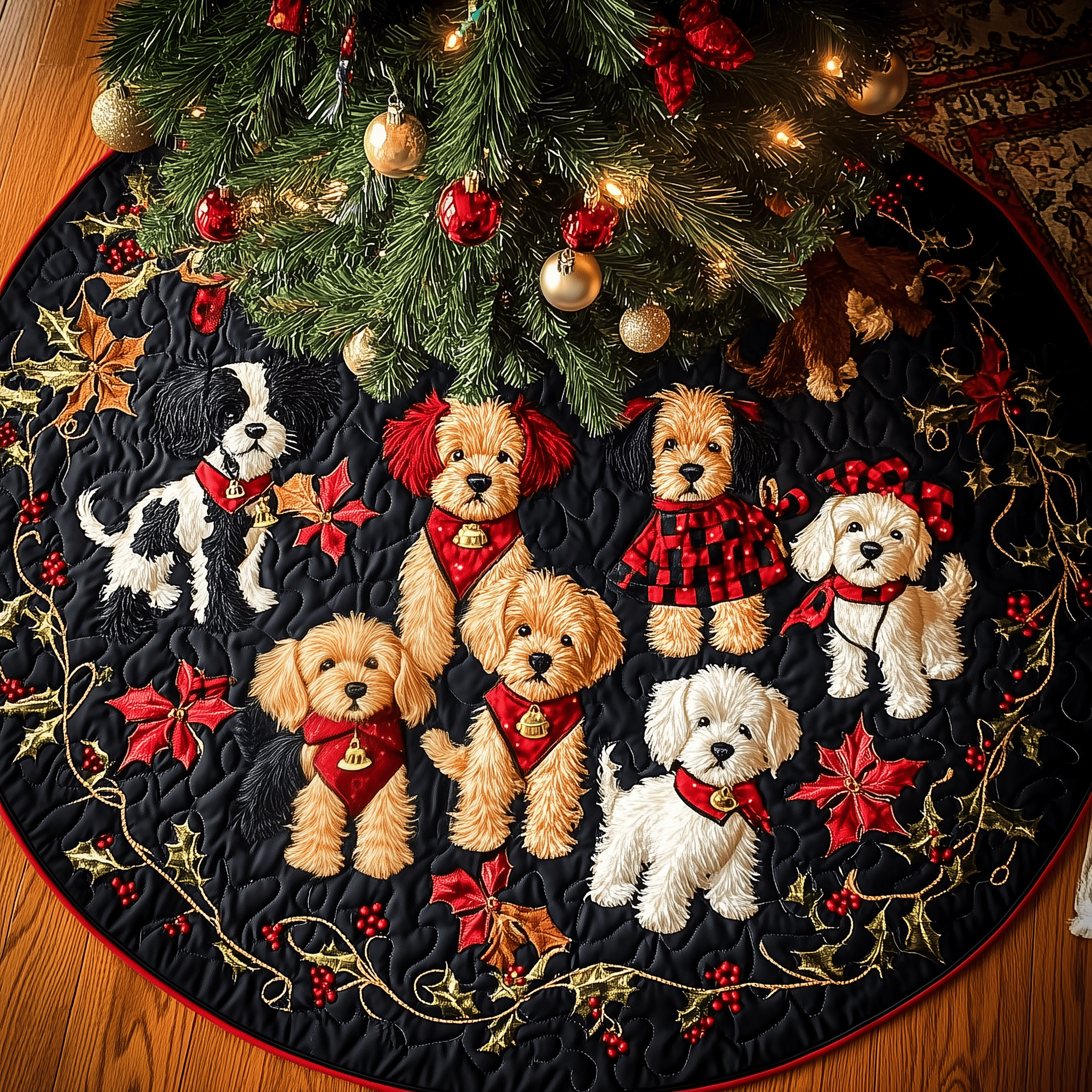 Christmas Poodle Cheer Quilted Tree Skirt Special Birthday Gift Merch