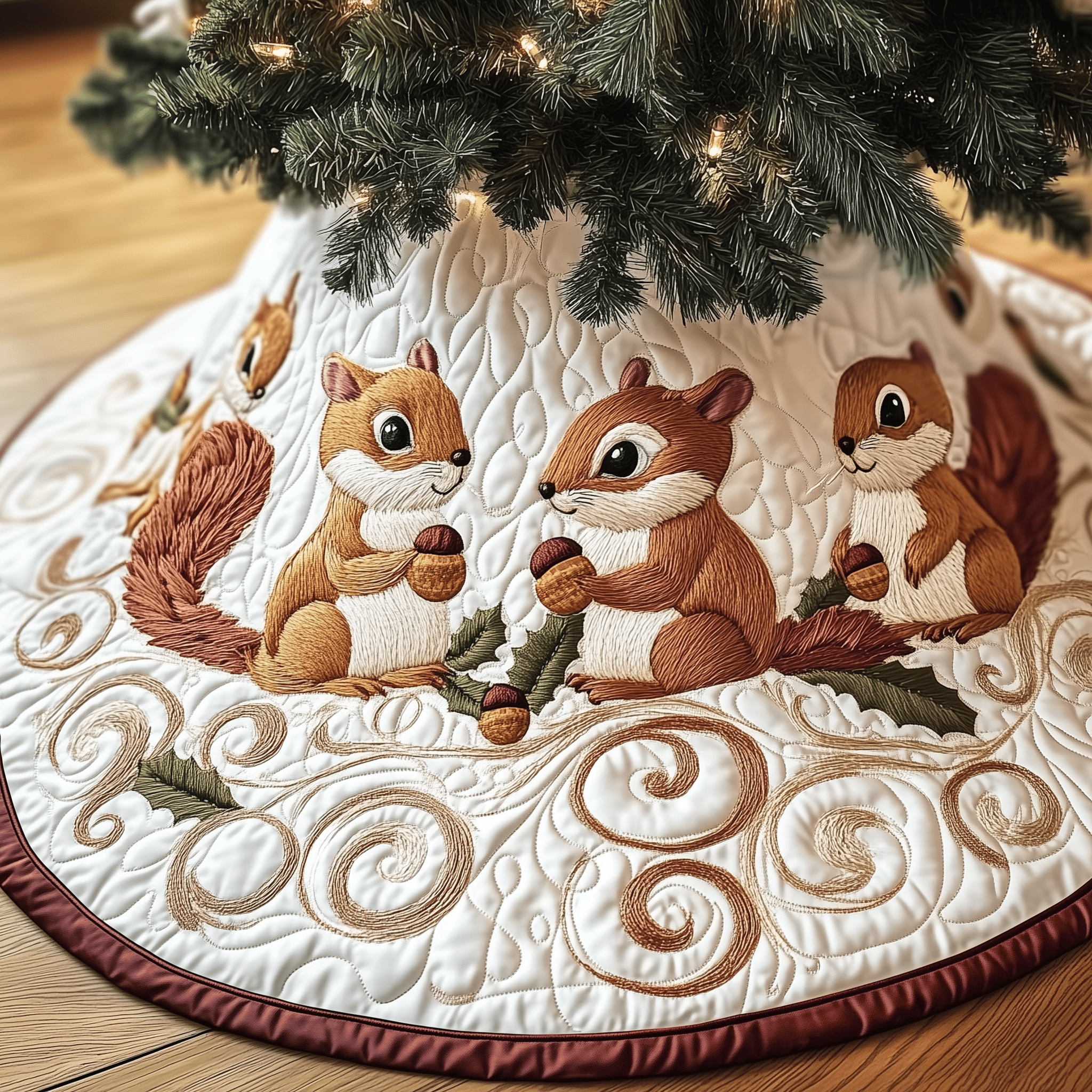 Christmas Squirrel Quilted Tree Skirt Perfect Gift Merch For Her