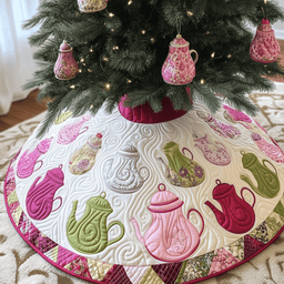 Christmas Teapot Quilted Tree Skirt Stylish Holiday Decor Gift Merch