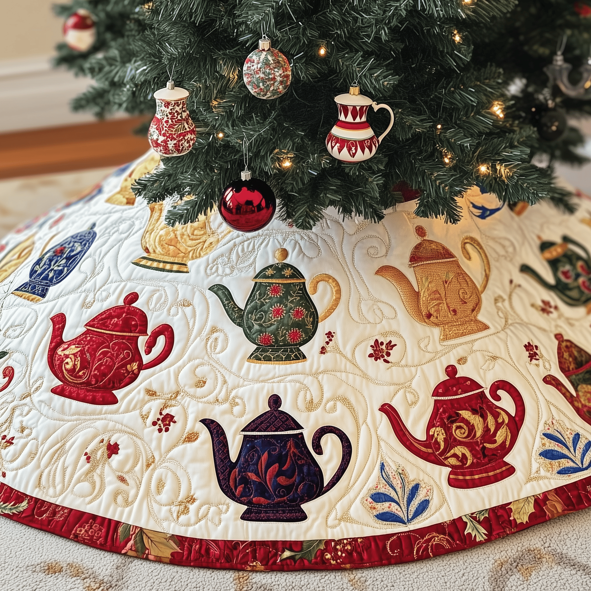 Christmas Teapot Quilted Tree Skirt Beautiful Christmas Home Merch
