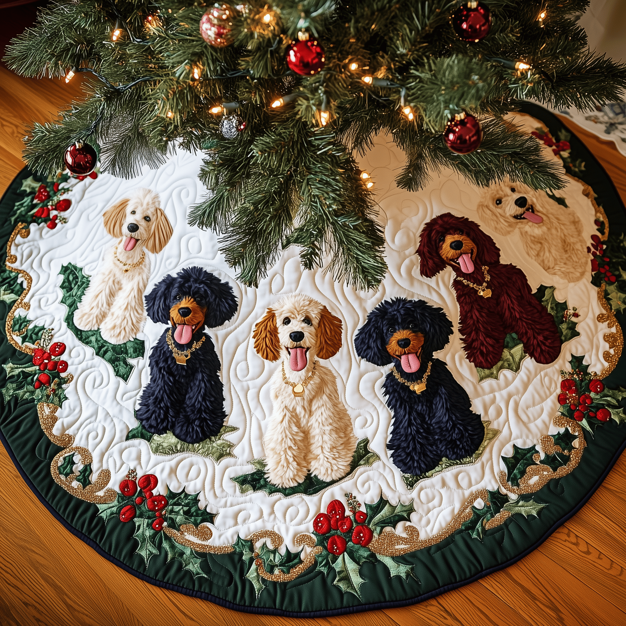 Christmas Poodle Cheer Quilted Tree Skirt Heartwarming Father�s Day Gift Merch