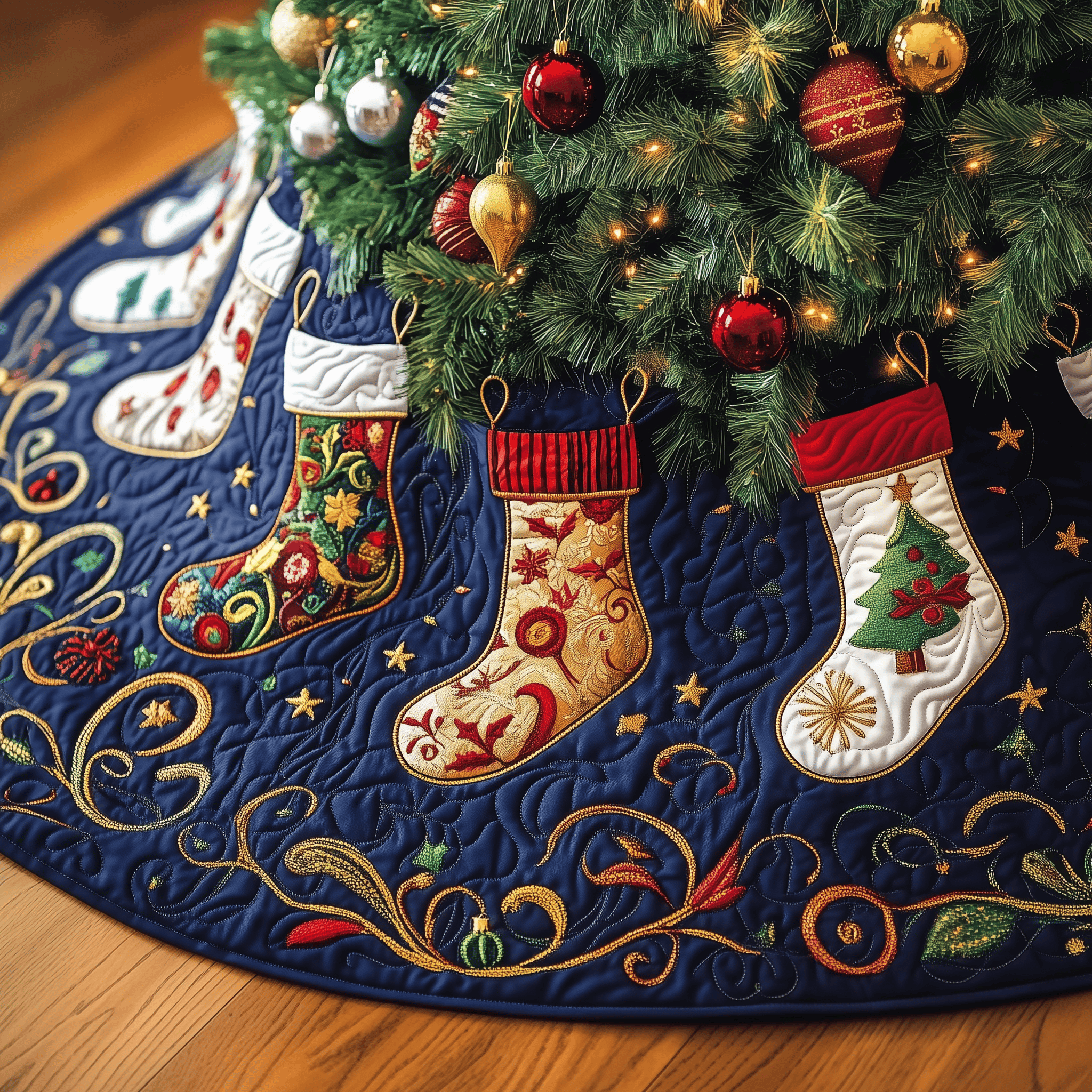 Christmas Stockings Quilted Tree Skirt Charming Thanksgiving Gift Merch