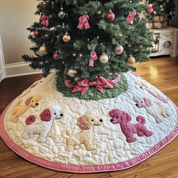 Christmas Poodle Quilted Tree Skirt Warm Gift Merch For Family