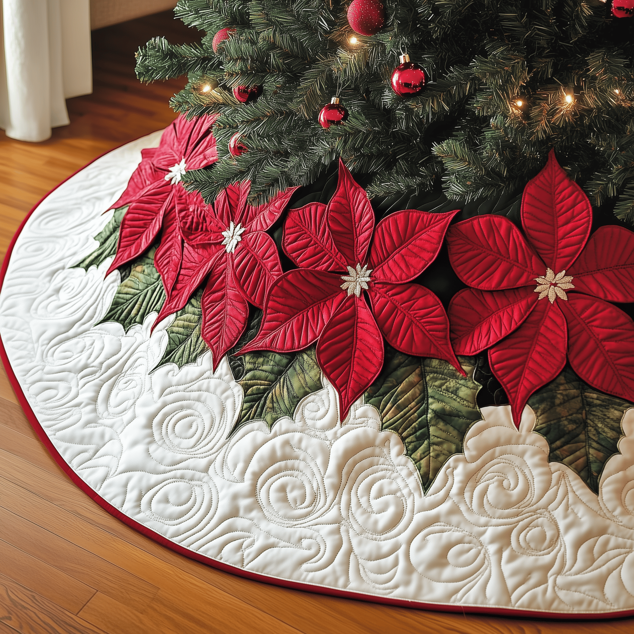 Christmas Poinsettias Quilted Tree Skirt Holiday Gift Merch