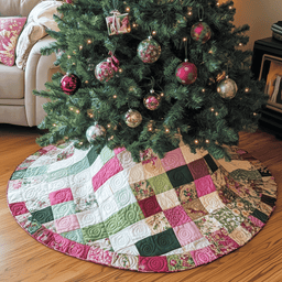 Classic Pink Green Patchwork Quilted Tree Skirt Joyful Home Merch Collection