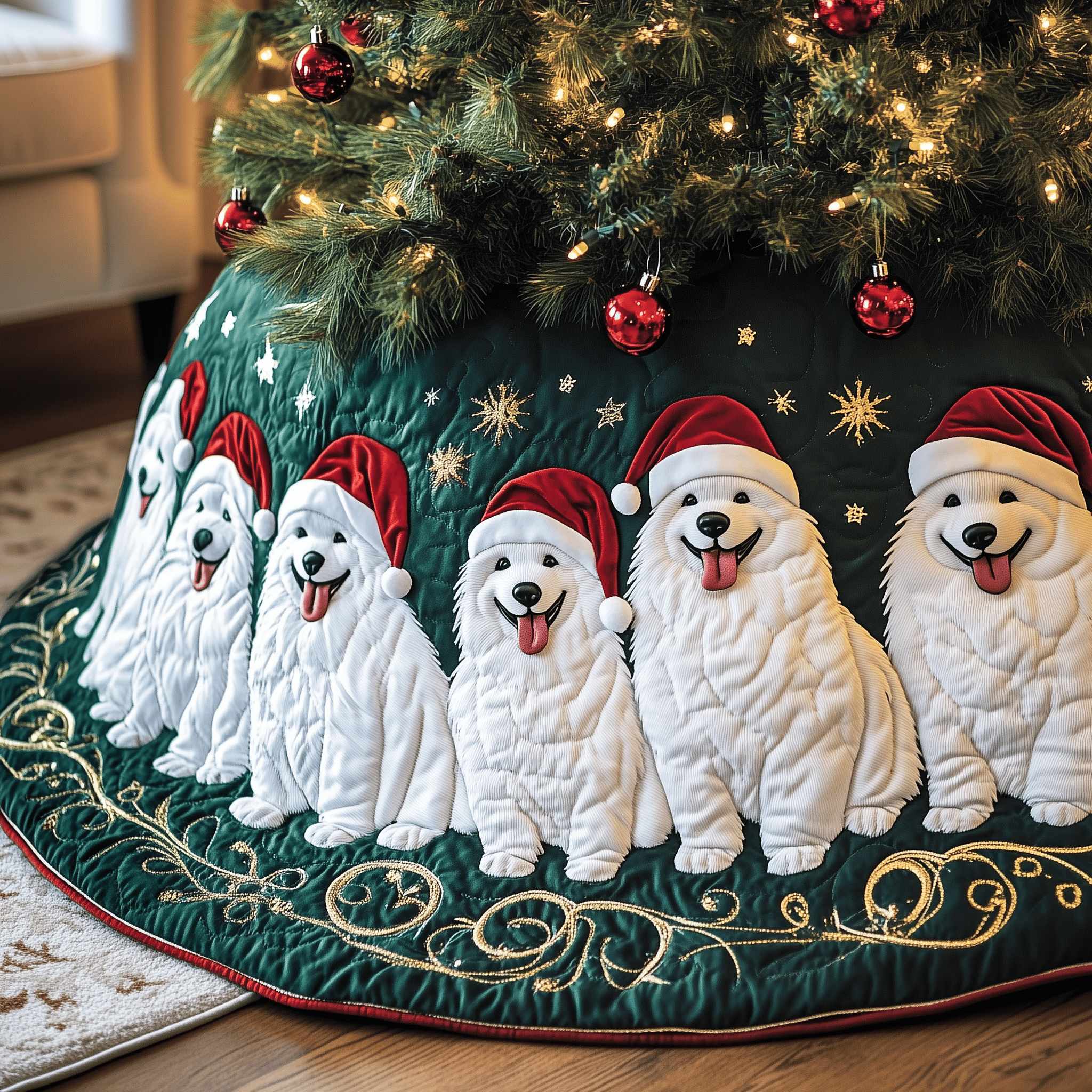 Christmas Samoyed Quilted Tree Skirt Festive Living Room Merch