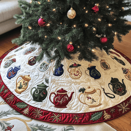 Christmas Teapot Quilted Tree Skirt Heartwarming Family Gathering Merch