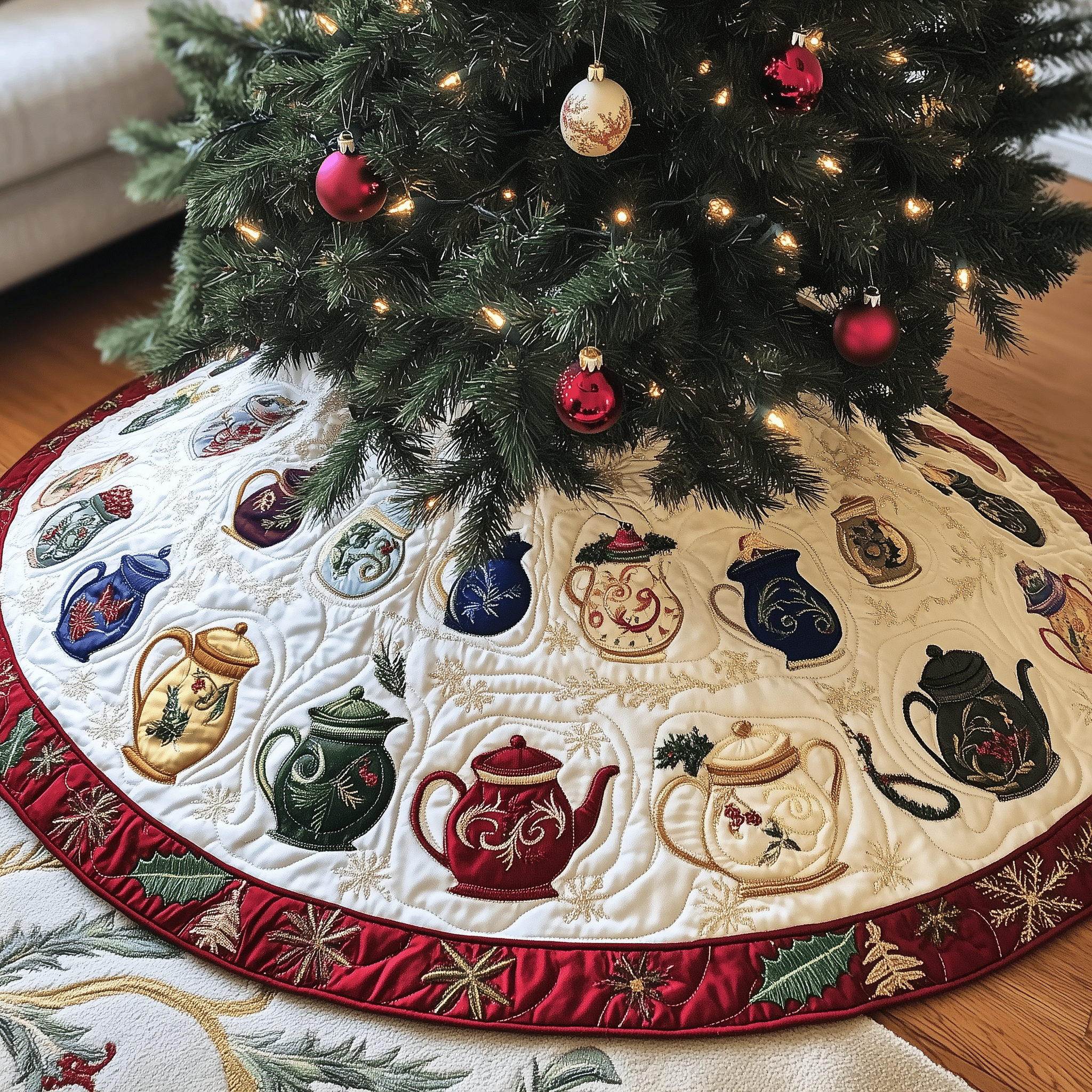 Christmas Teapot Quilted Tree Skirt Heartwarming Family Gathering Merch