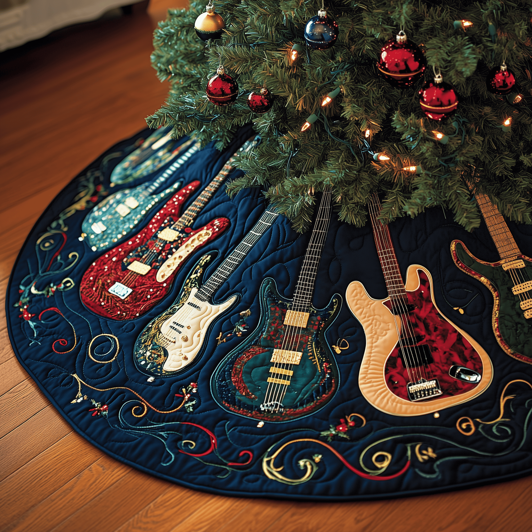 Christmas Swirl Guitar Quilted Tree Skirt Festive Tree Skirt Gift Choice