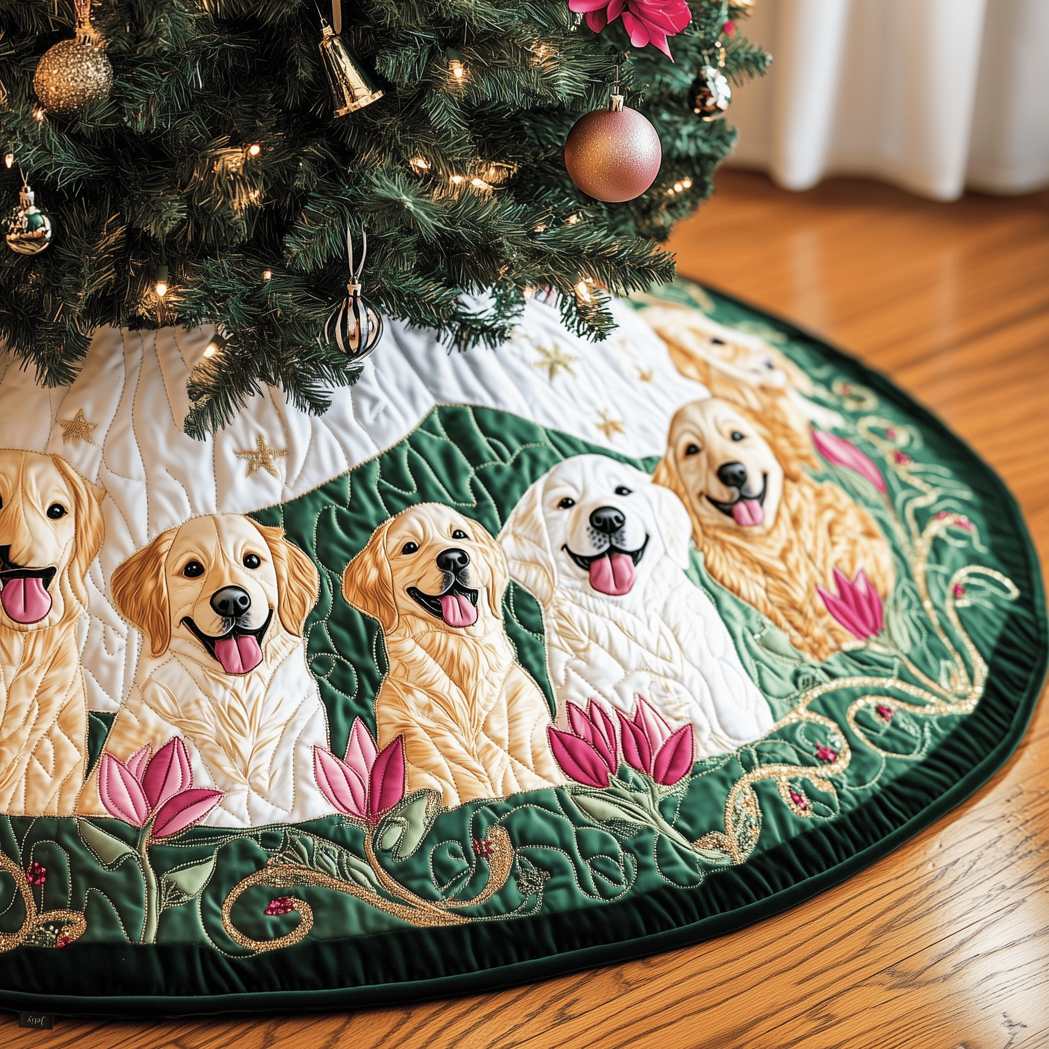 Christmas Tulip Golden Retriever Quilted Tree Skirt Unique Gift Merch For Friends