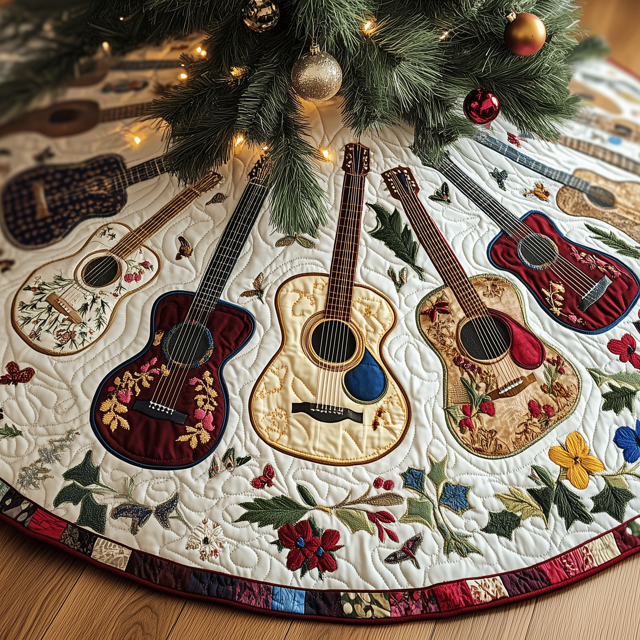 Festive Acoustic Guitars Quilted Tree Skirt Meaningful Anniversary Gift Merch
