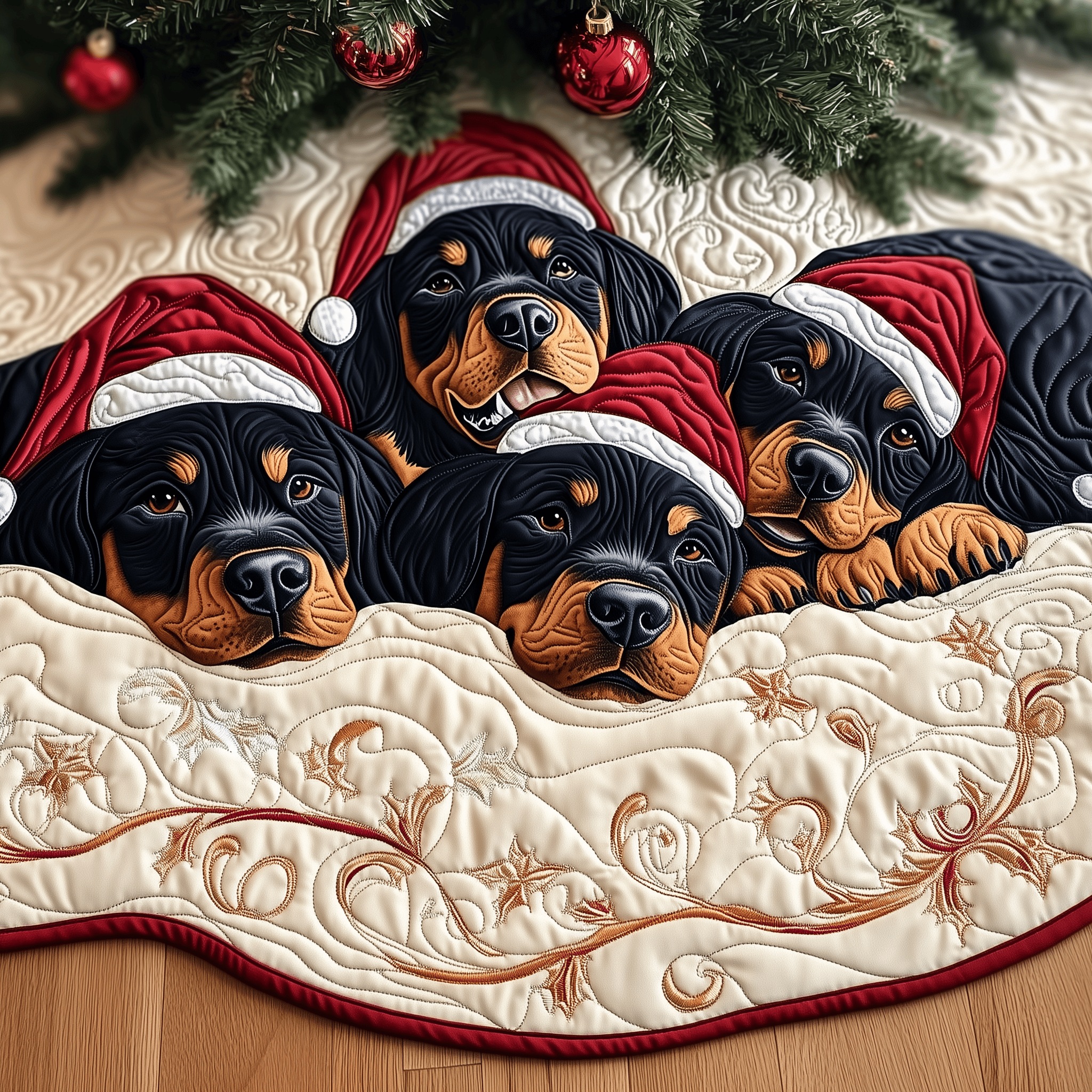 Christmas Rottweiler Quilted Tree Skirt Cozy Home Decor Gift Merch