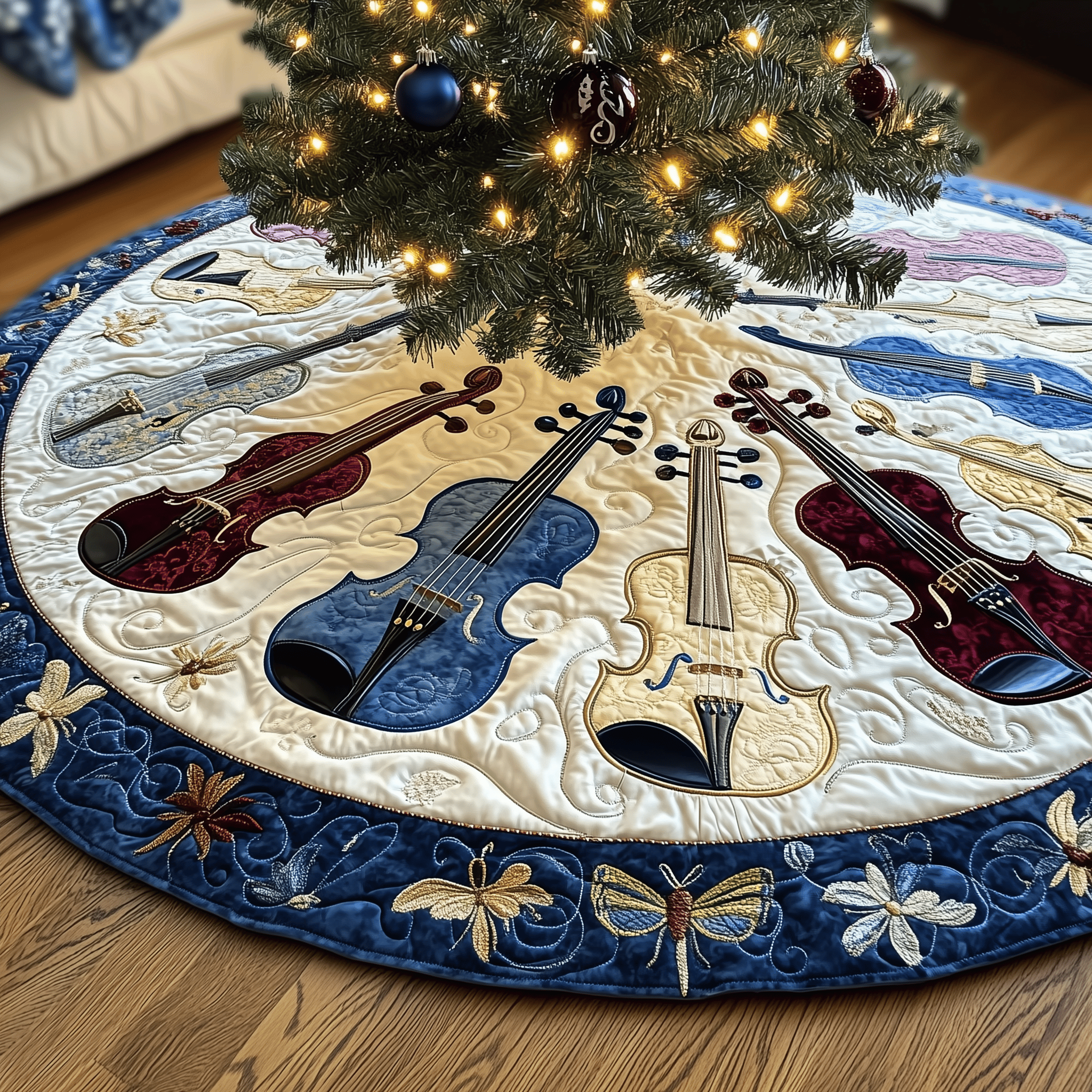 Festive Blue Violins Quilted Tree Skirt Heartwarming Family Gathering Merch