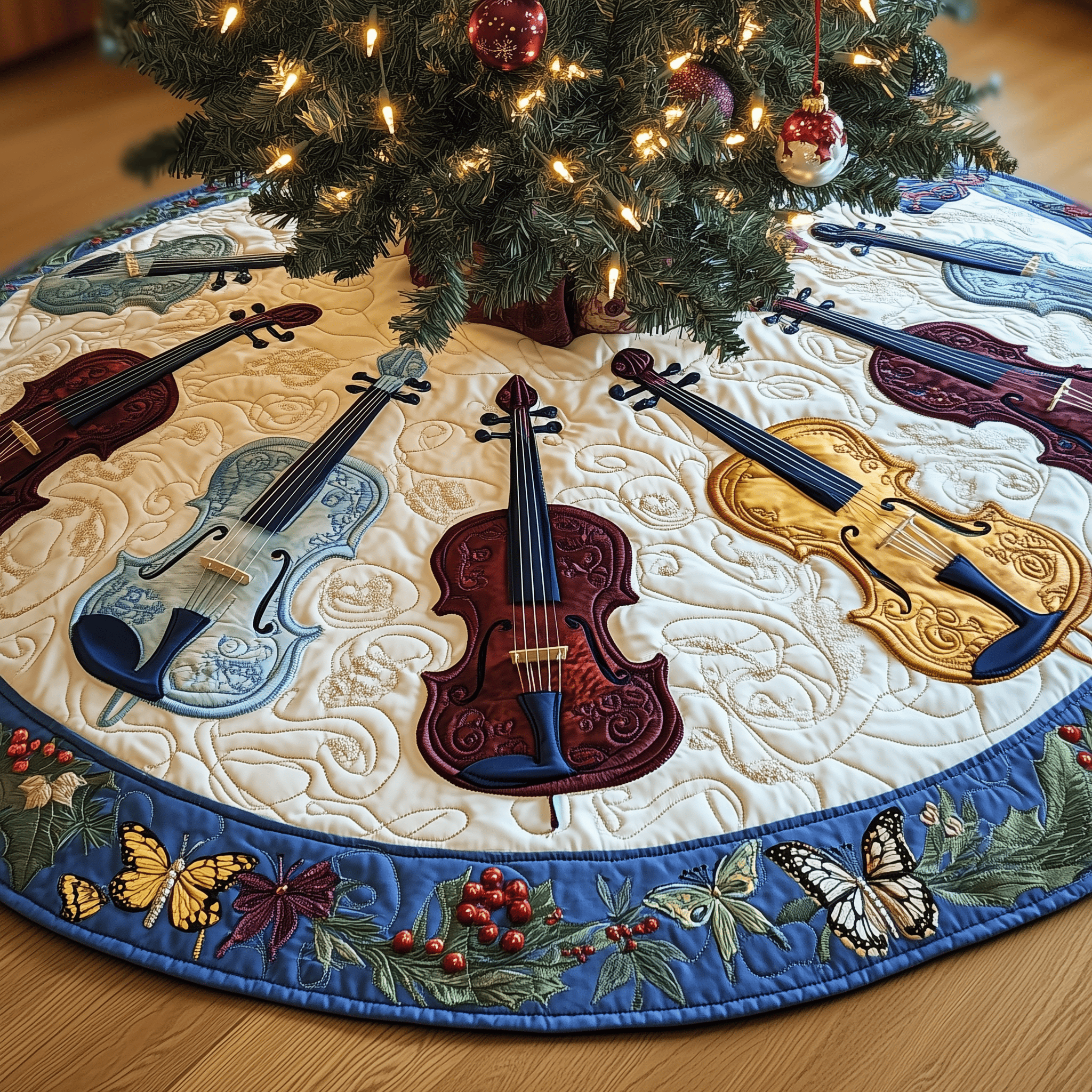 Festive Blue Violins Quilted Tree Skirt Warm Gift Merch For Family