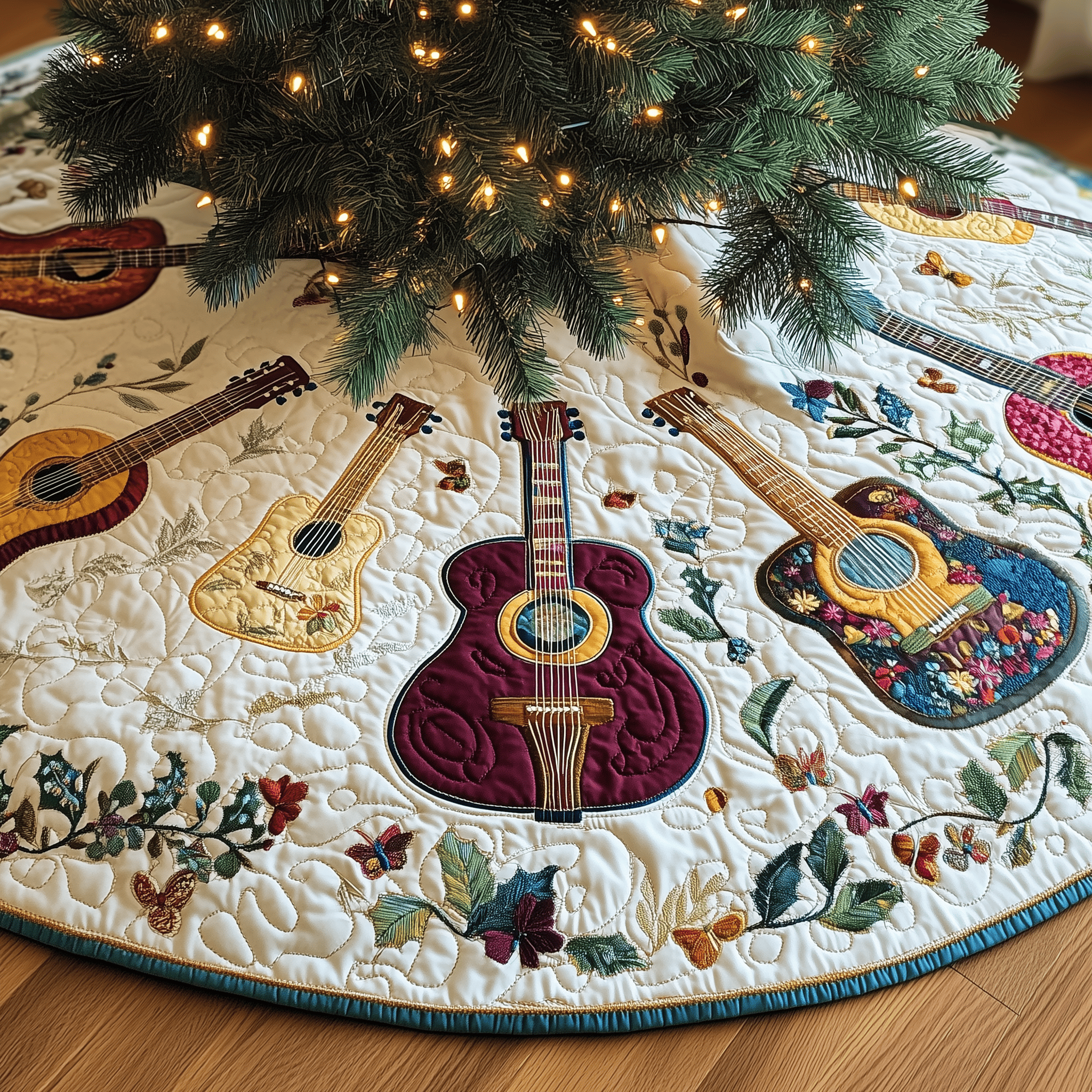 Festive Acoustic Guitars Quilted Tree Skirt Memorable Graduation Gift Merch