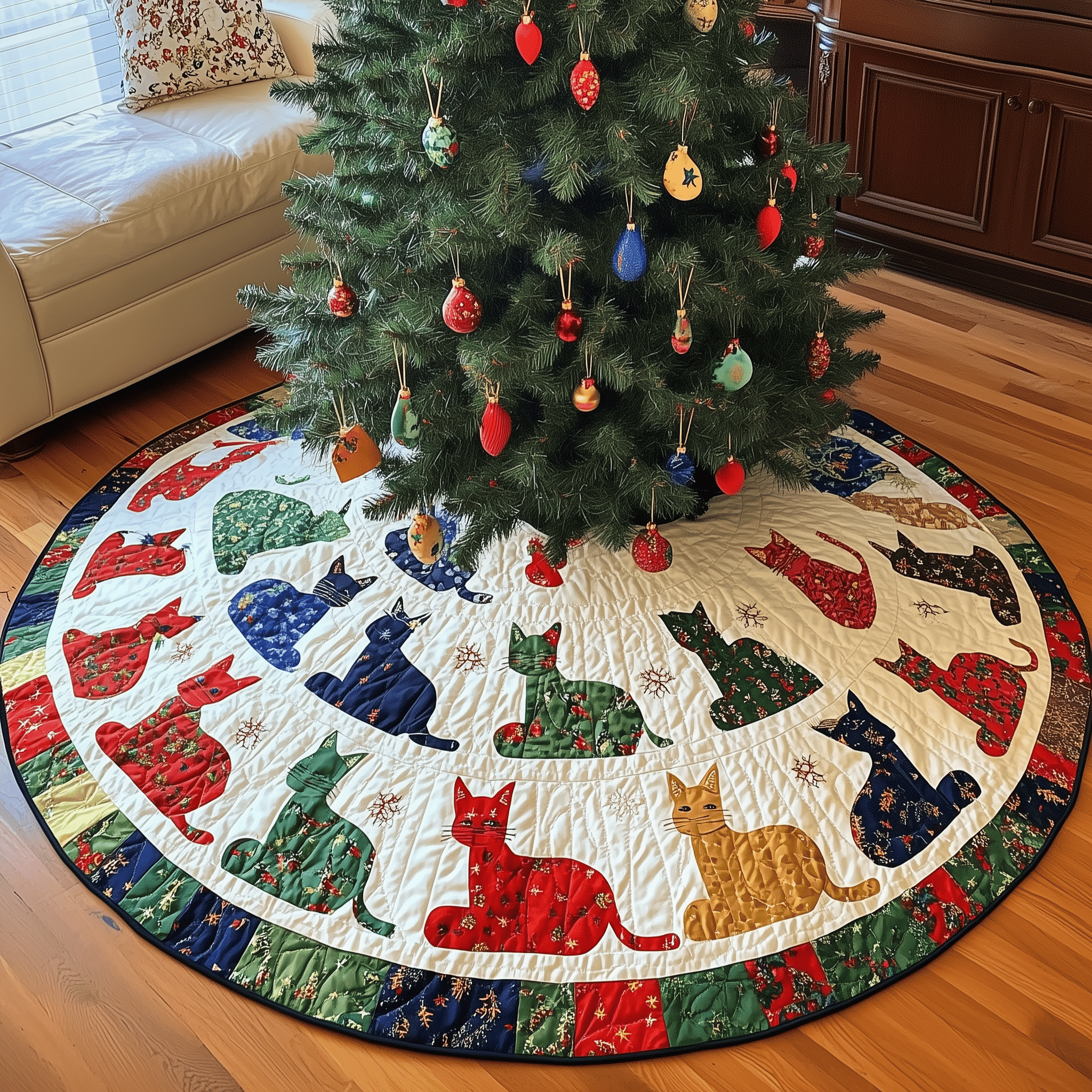 Playful Cat Quilted Tree Skirt Holiday Tree Skirt Must-Have