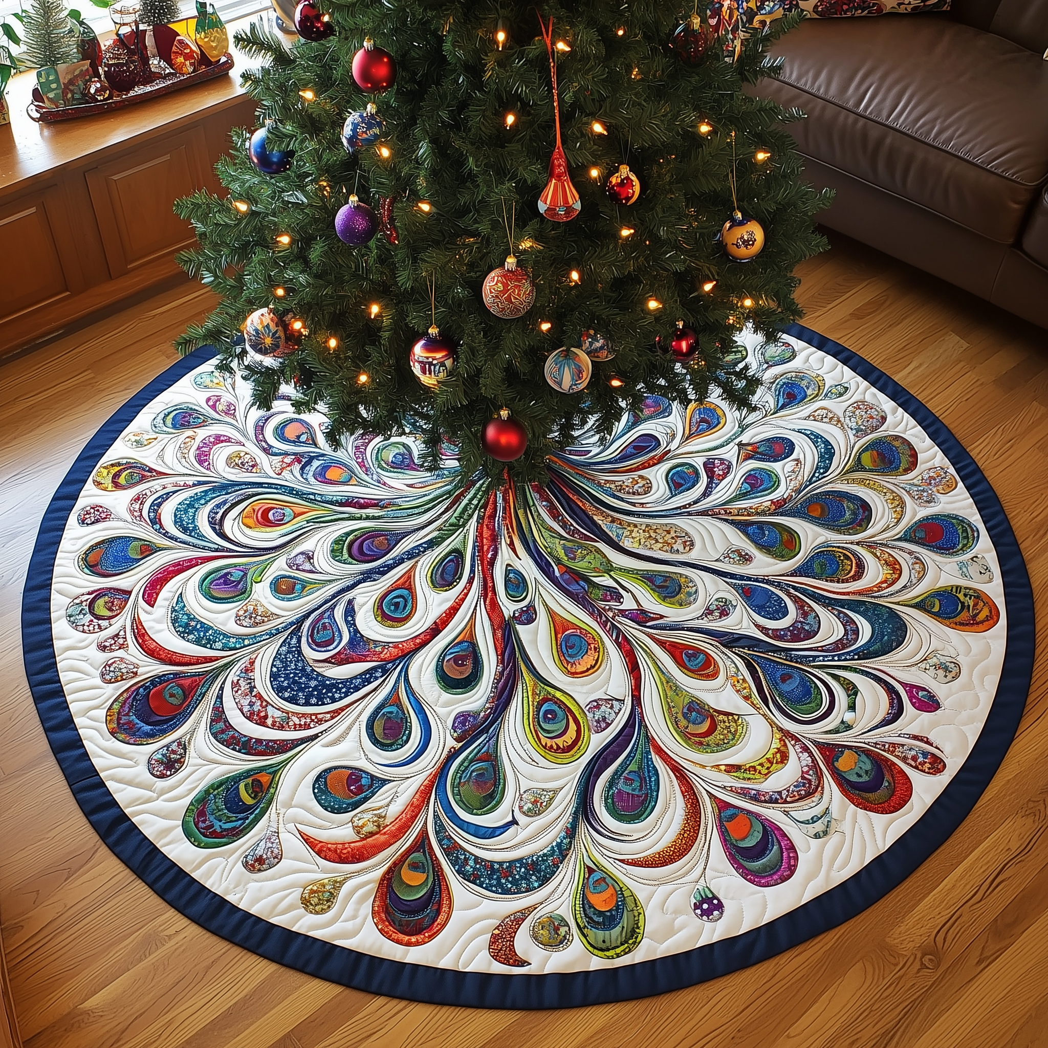 Peacock Mandala Quilted Tree Skirt Holiday Gift Merch