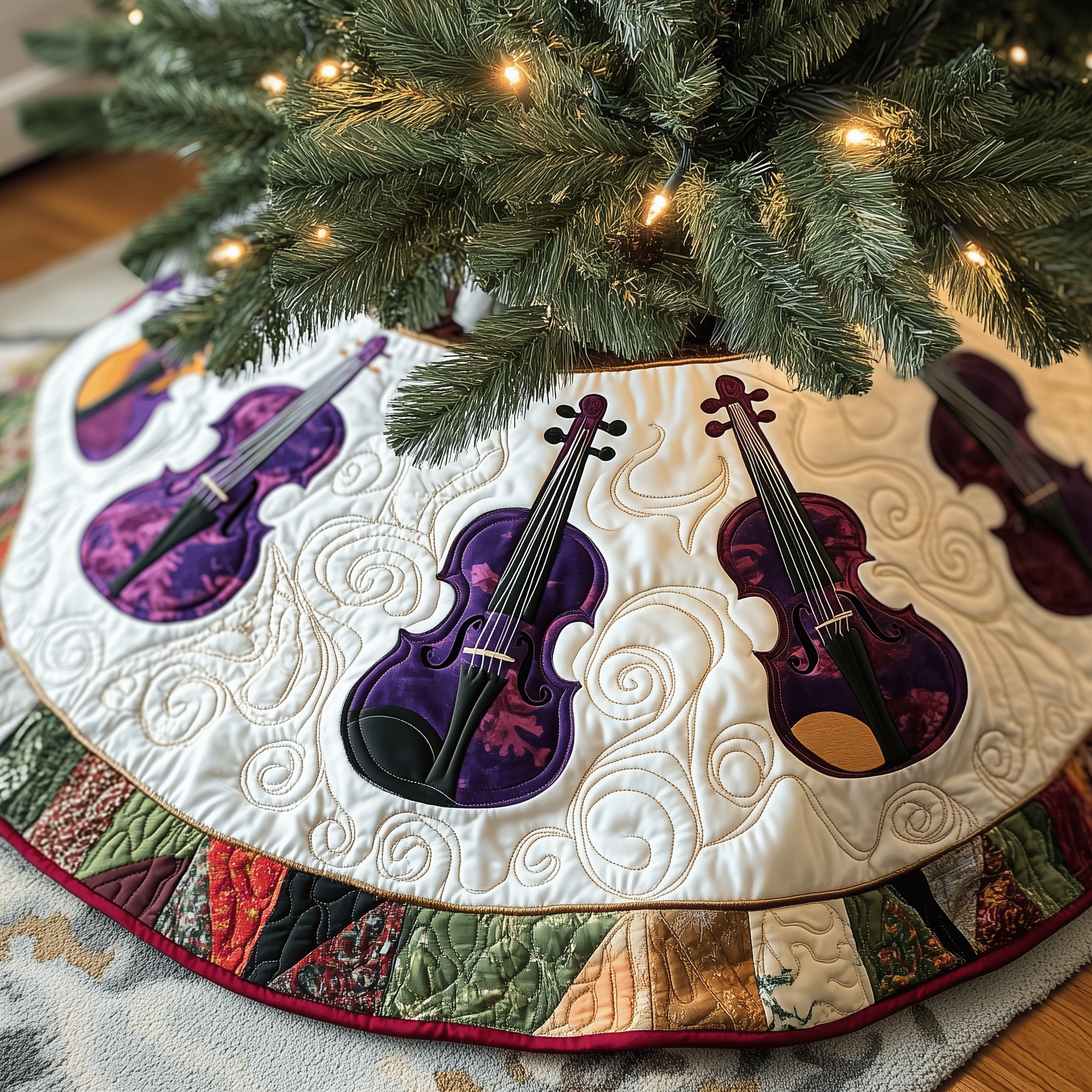 Festive Purple Violins Quilted Tree Skirt Warm Gift Merch For Family