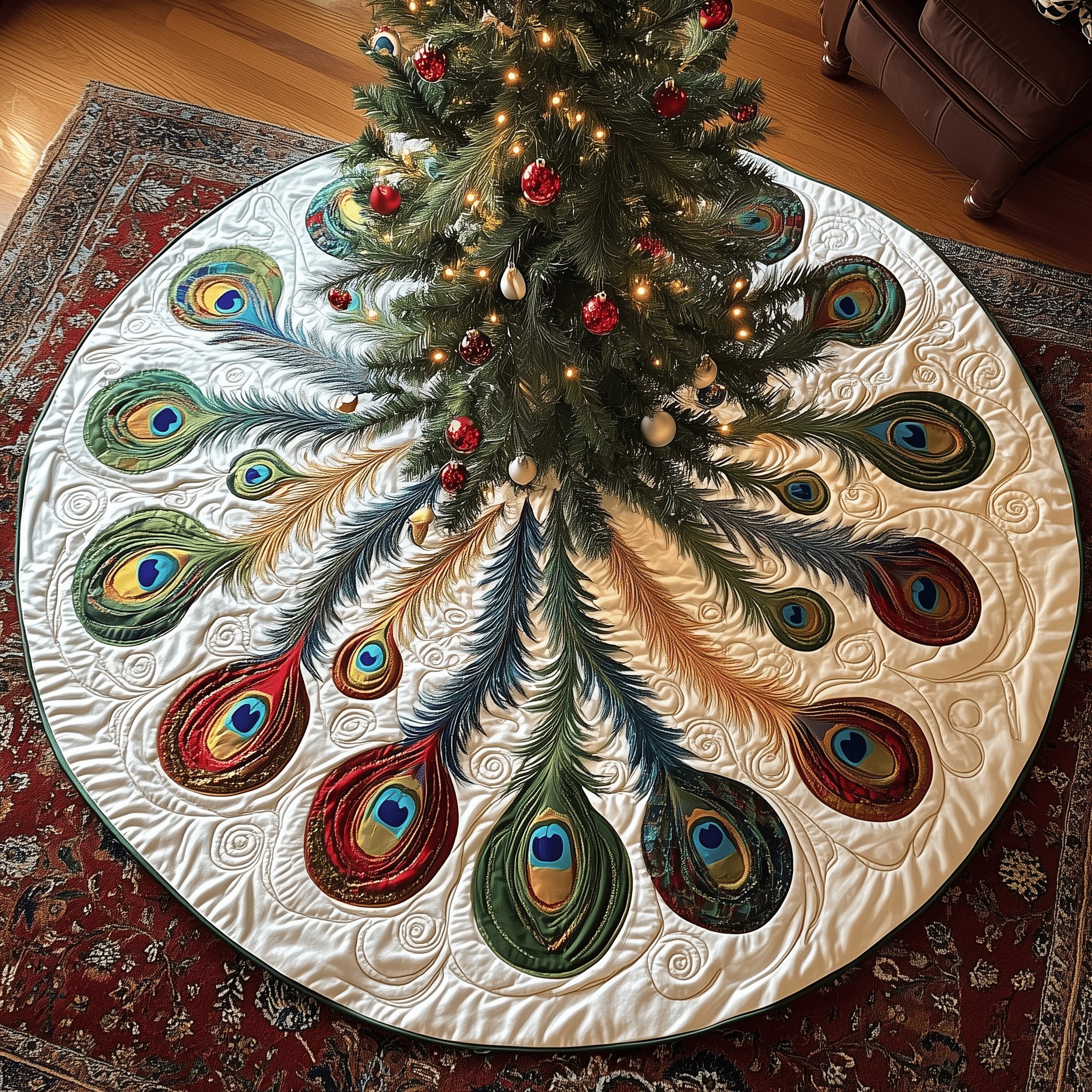 Shimmering Peacock Quilted Tree Skirt Thoughtful Gift Merch For Dad