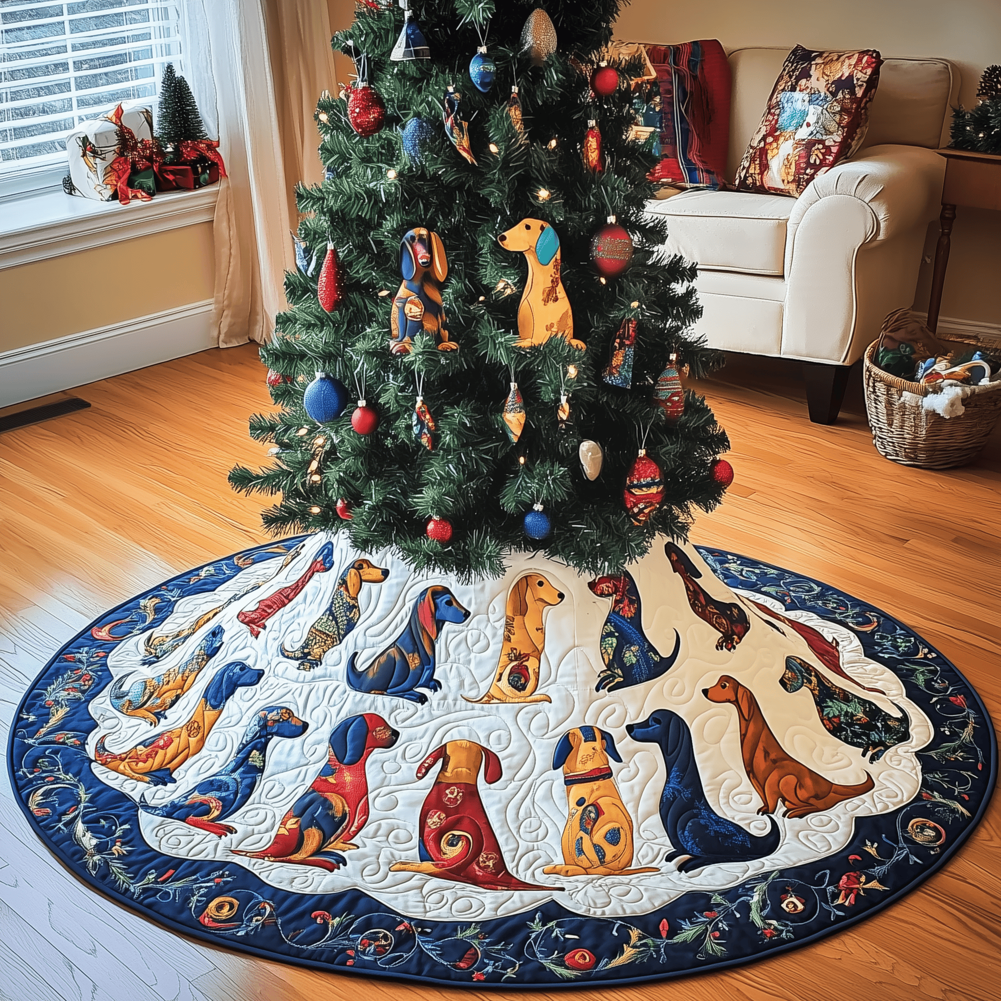 Playful Dachshund Quilted Tree Skirt Joyful Home Merch Collection