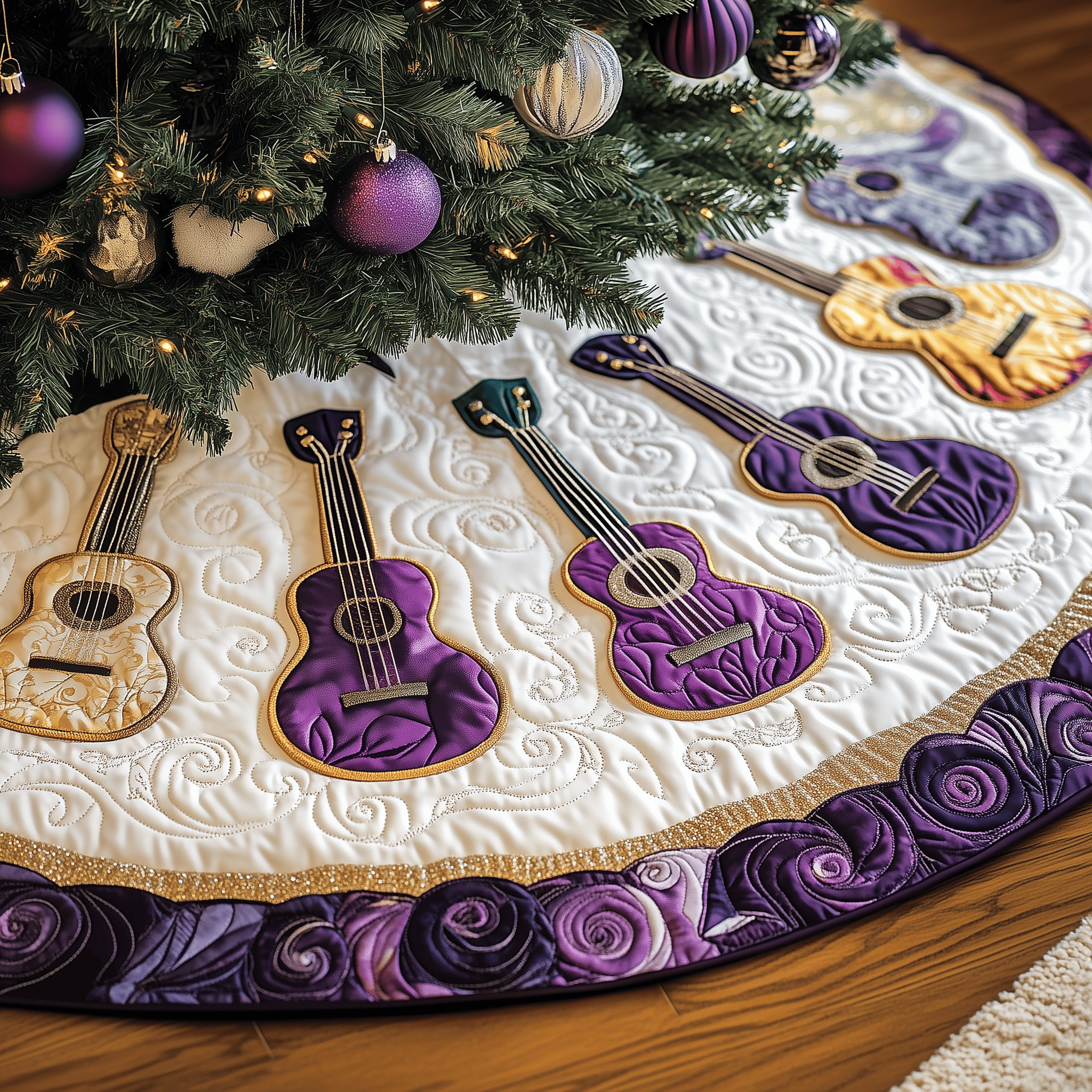 Festive Purple Ukulele Quilted Tree Skirt Thoughtful Gift Merch For Dad