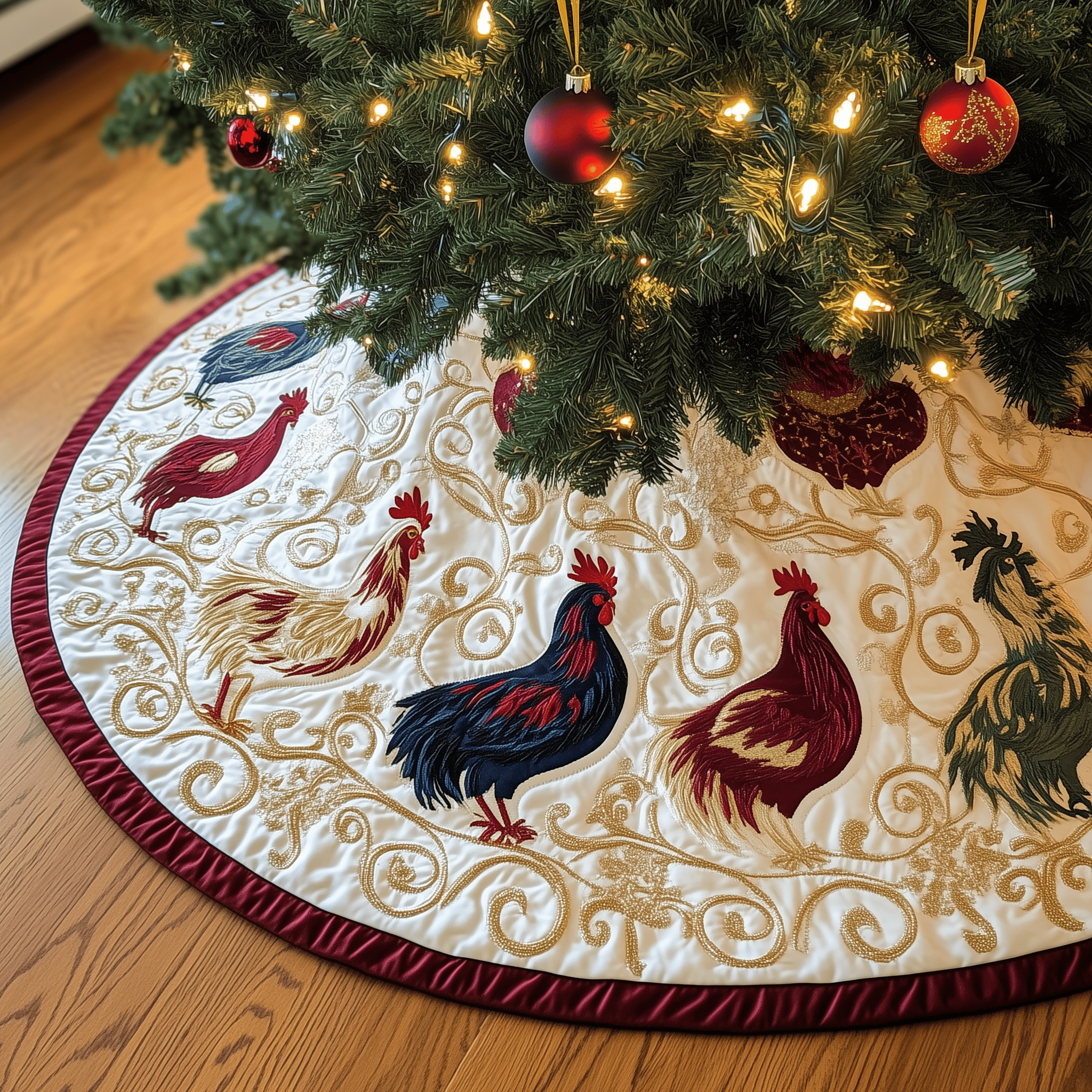 Jolly Holiday Chicken Quilted Tree Skirt Heartwarming Family Gathering Merch