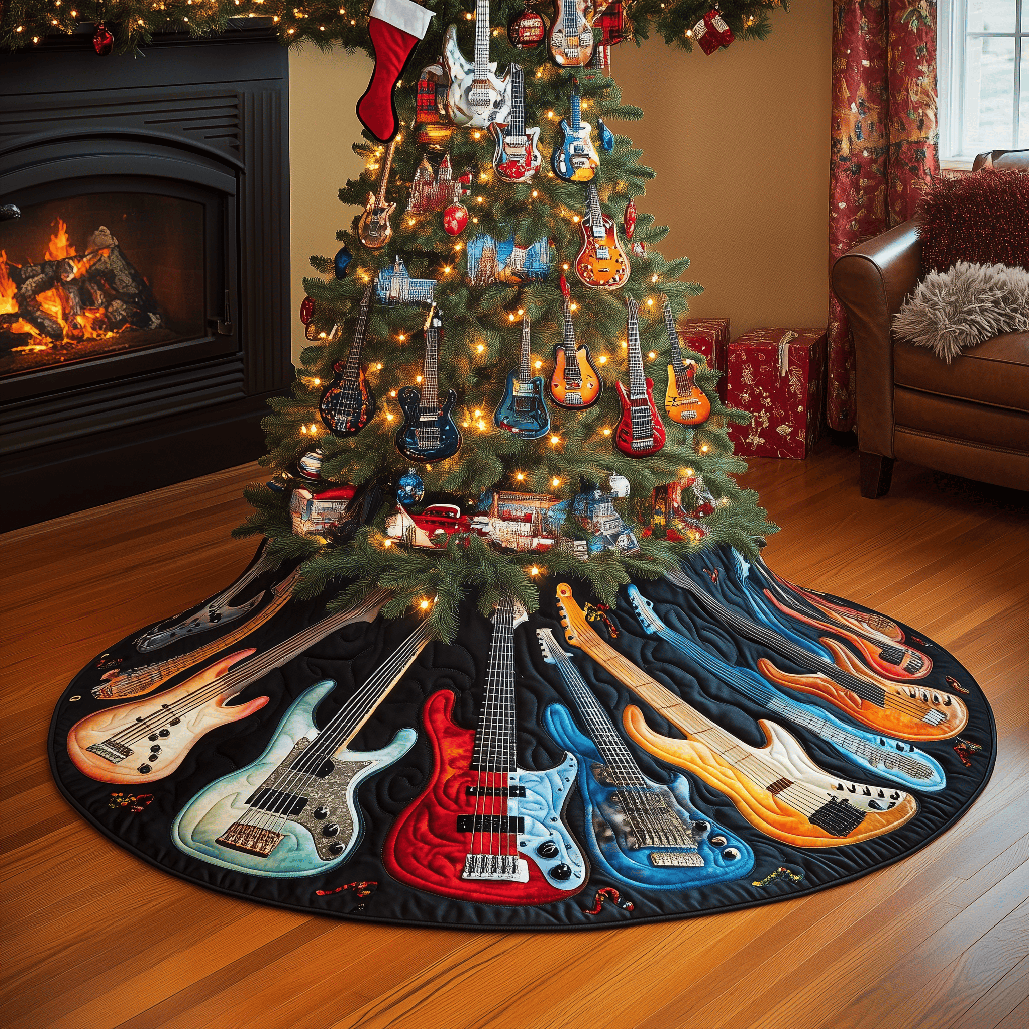 Guitar Bass Quilted Tree Skirt Festive Living Room Merch