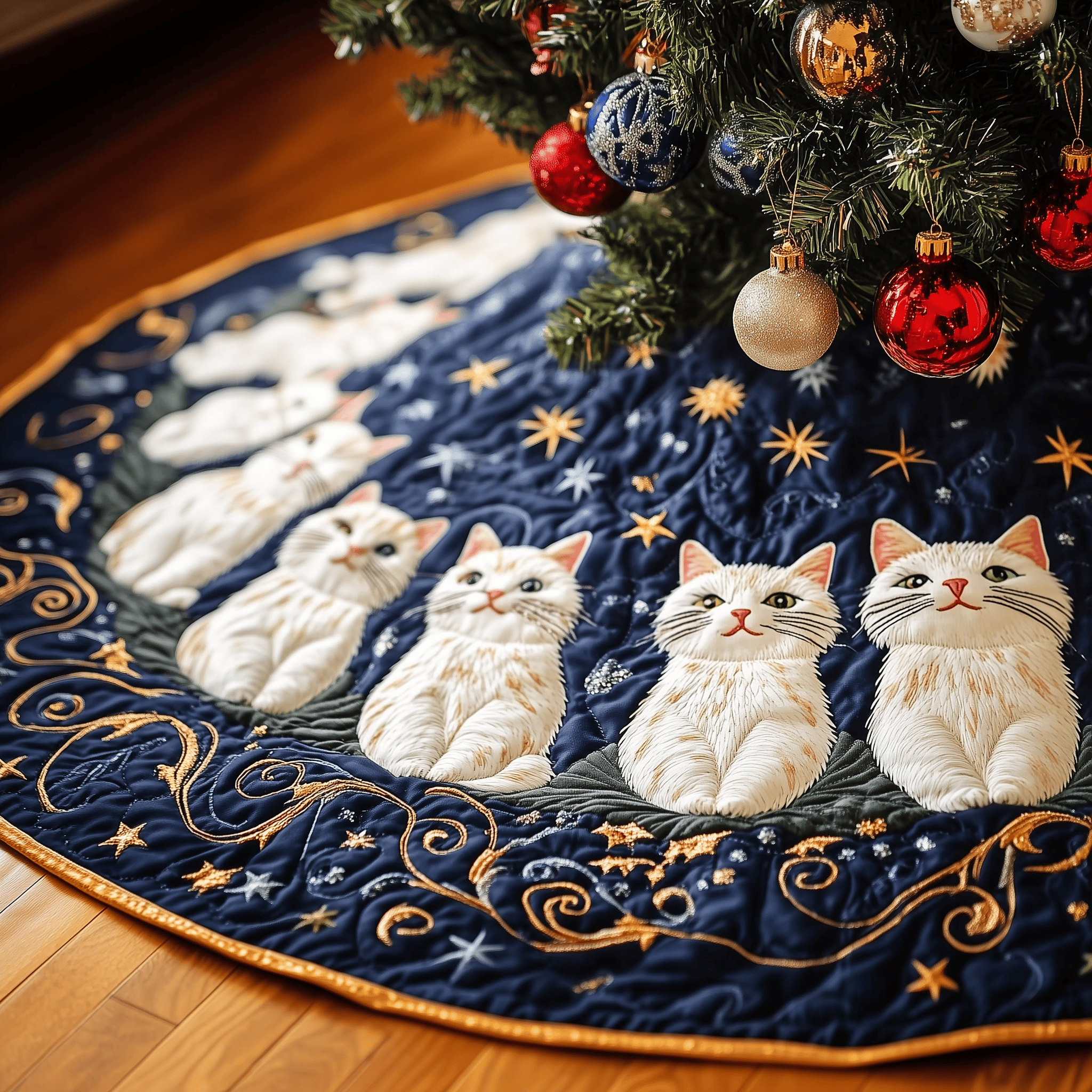 Joyful Cat Quilted Tree Skirt Beautiful Christmas Home Merch