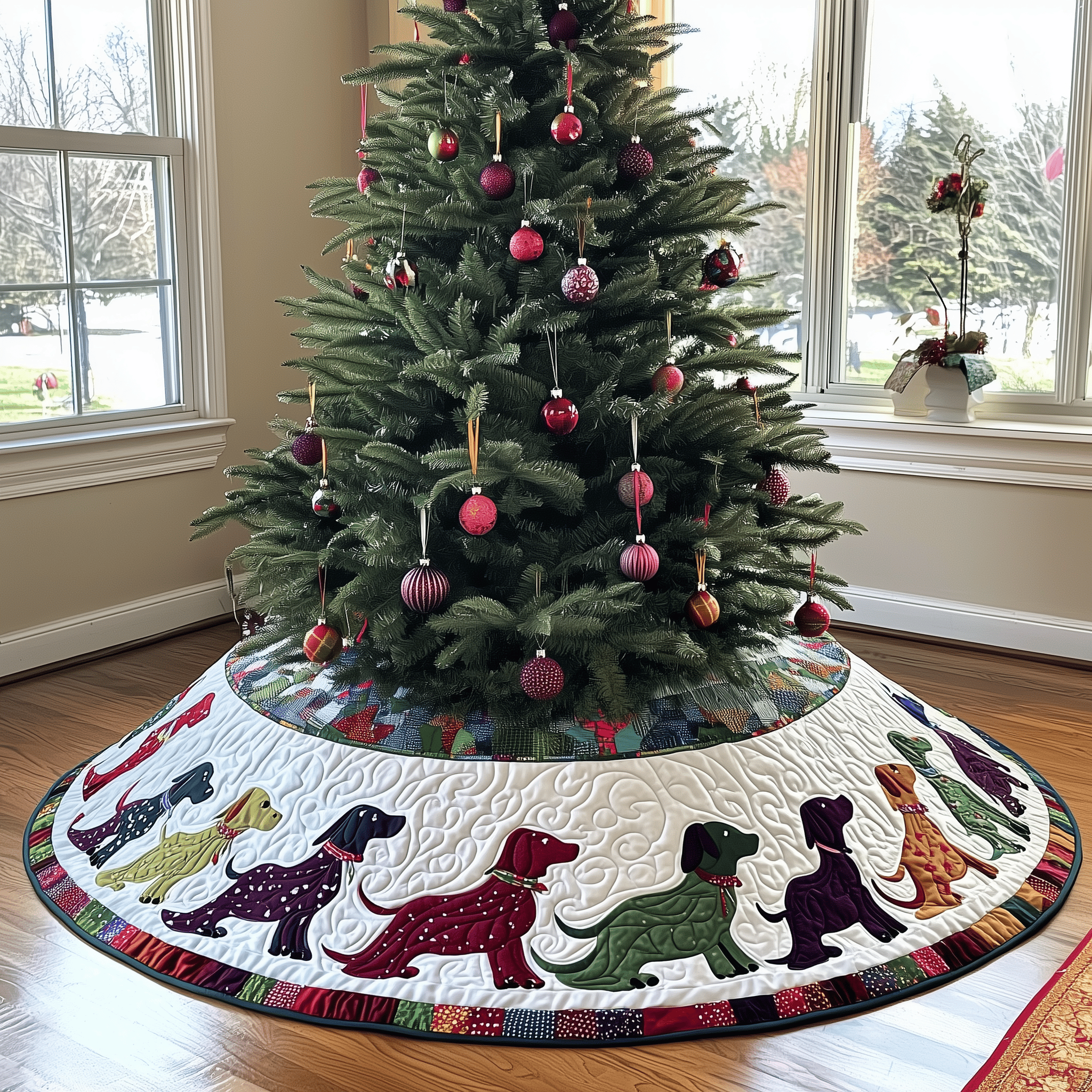 Festive Dashchund Quilted Tree Skirt Elegant Christmas Tree Decor Merch