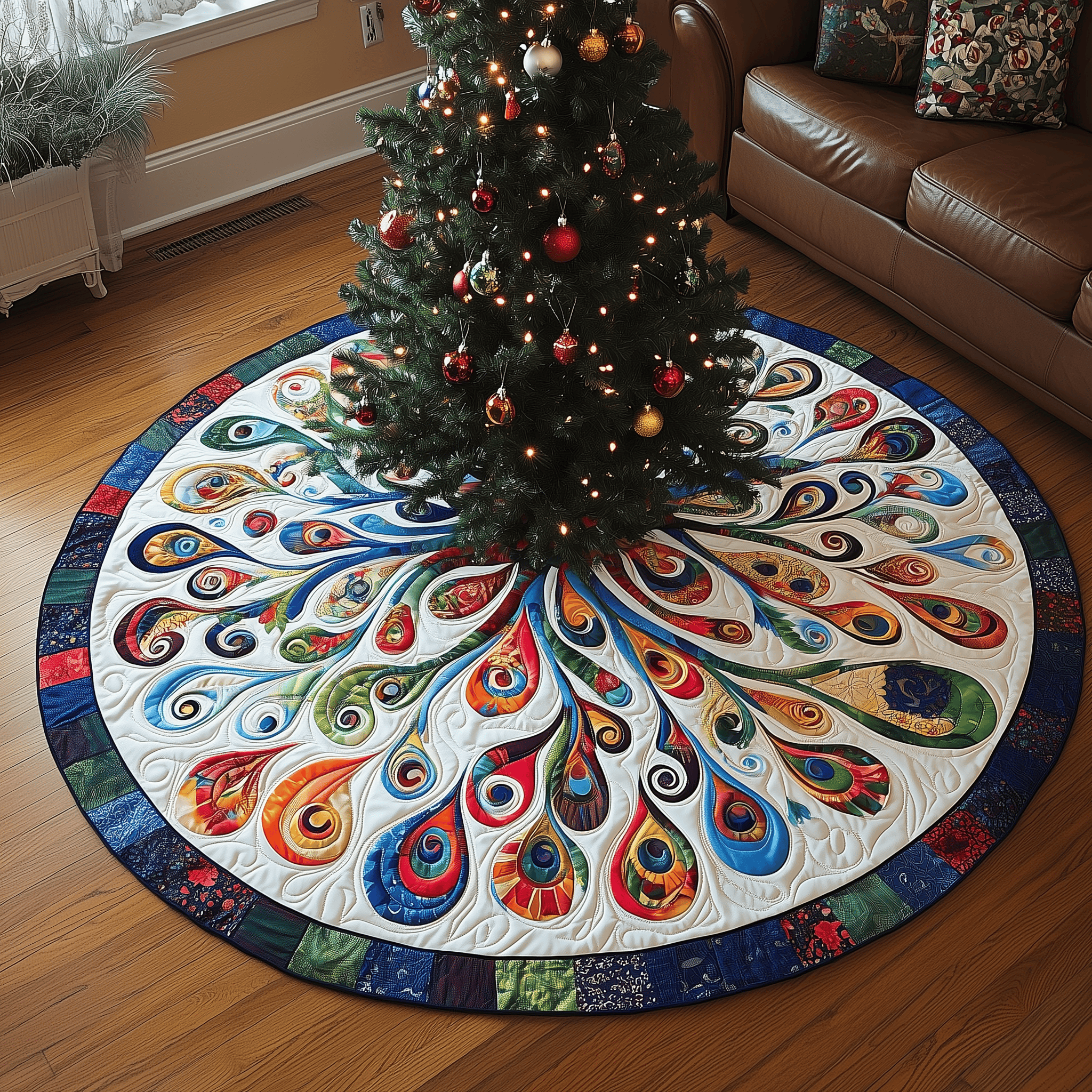 Peacock Mandala Quilted Tree Skirt Festive Tree Skirt Gift Choice