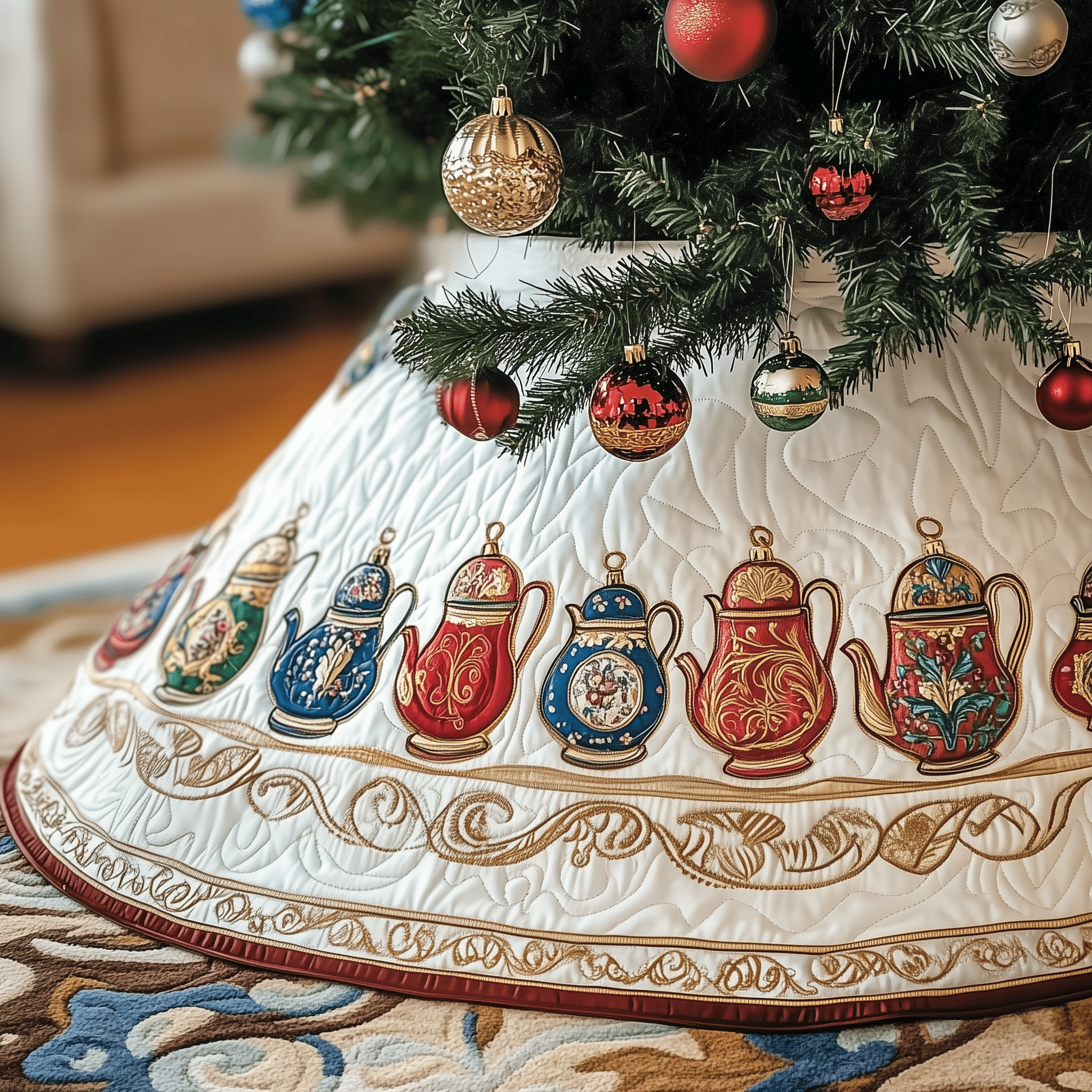 Festive Teapot Quilted Tree Skirt Elegant Christmas Tree Decor Merch